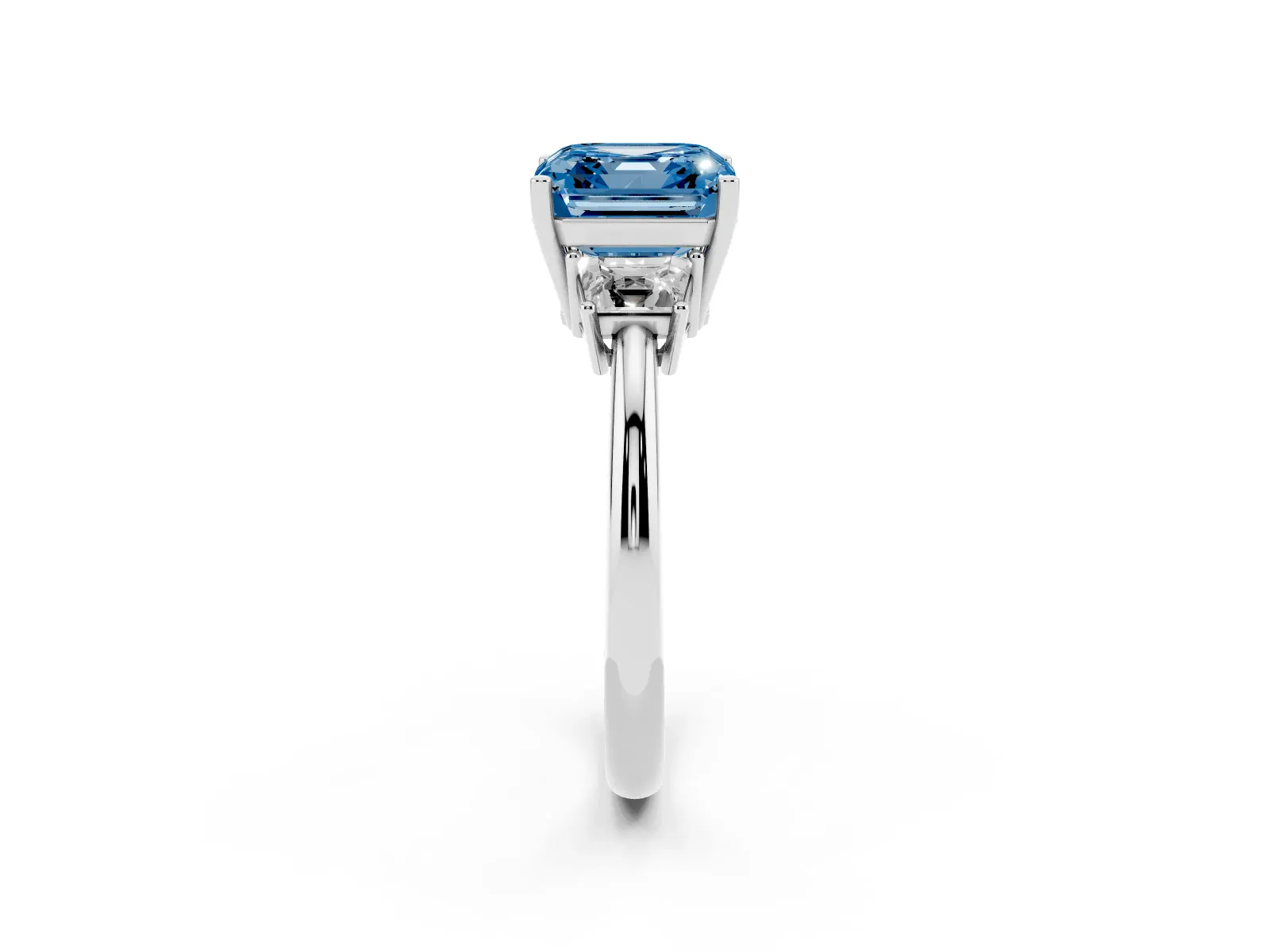 Fancy Blue Asscher Cut Diamond Three-Stone Ring with Trapezoid Side Stones and Prong Setting White gold