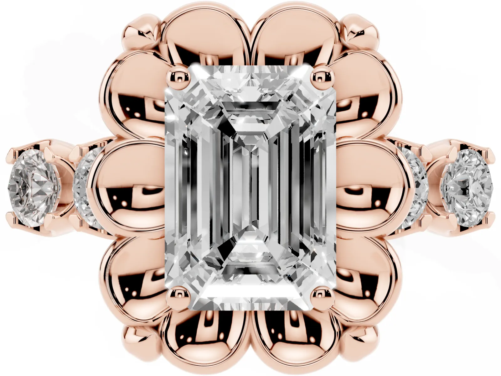Emerald Cut Cut Diamond Floral Halo Engagement Ring with Shared Prong Setting Rose gold