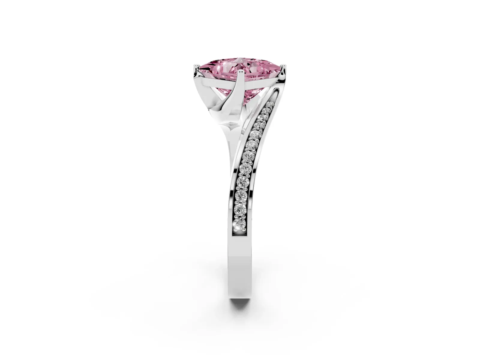 Fancy Pink Princess Cut Solitaire Diamond Twist Band with Pavé Setting and Four-Prong Setting Platinum