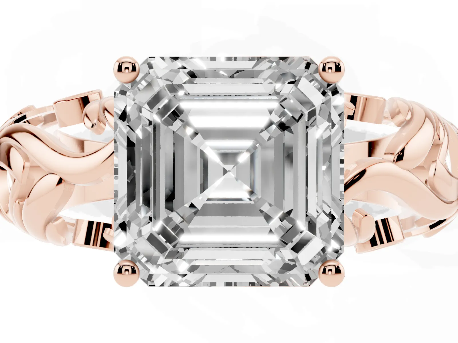 Asscher Cut Solitaire Diamond Leaf-Inspired Vine Band Ring with Prong Setting Rose gold