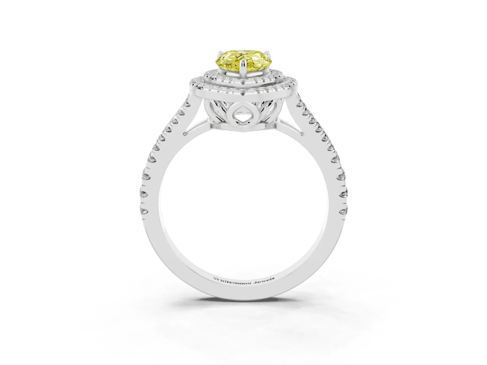 Fancy Yellow Pear Cut Diamond Double Halo Ring with Pavé Band and Prong Setting Platinum