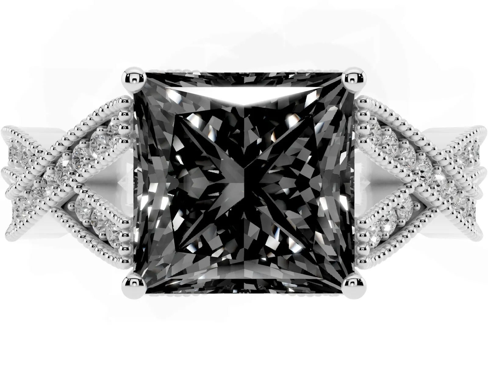 Fancy Black Princess Cut Cut Diamond Twisted Band with Milgrain Pave Setting and Four-Prong Setting Platinum
