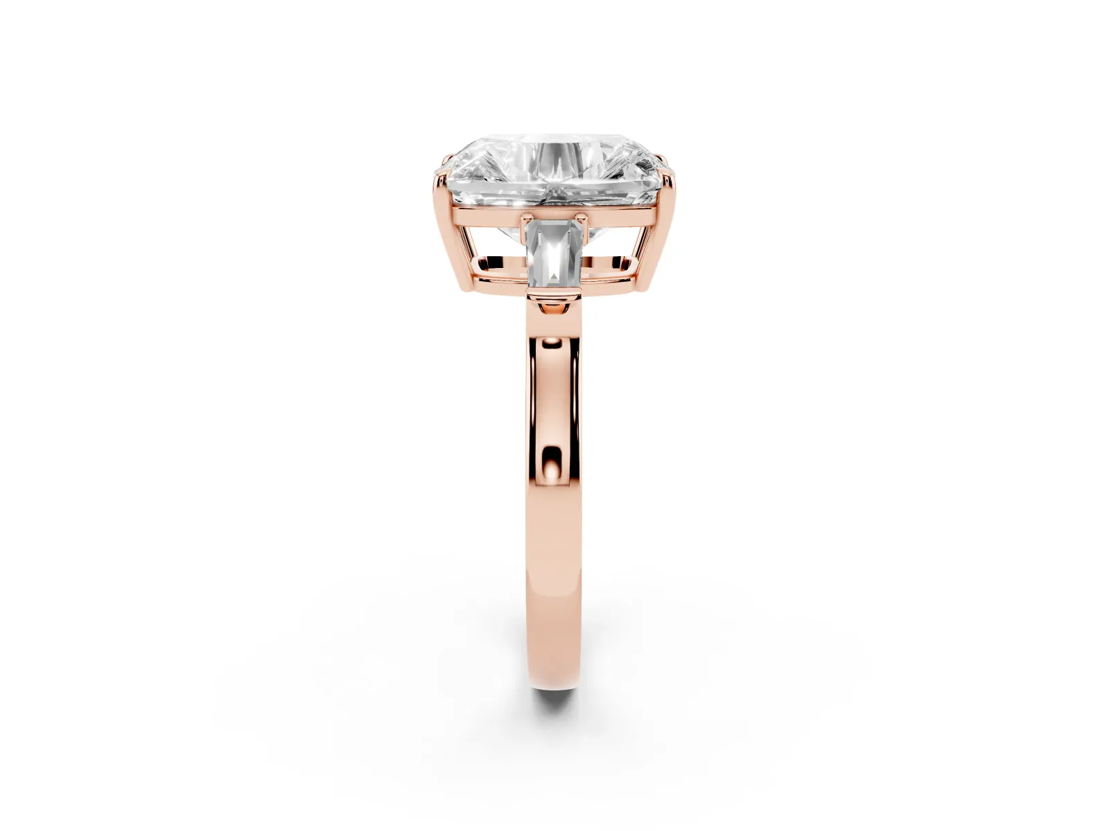 Old Mine Elongated Cushion Diamond with Side Tapered Baguette Three Stone Ring Rose gold