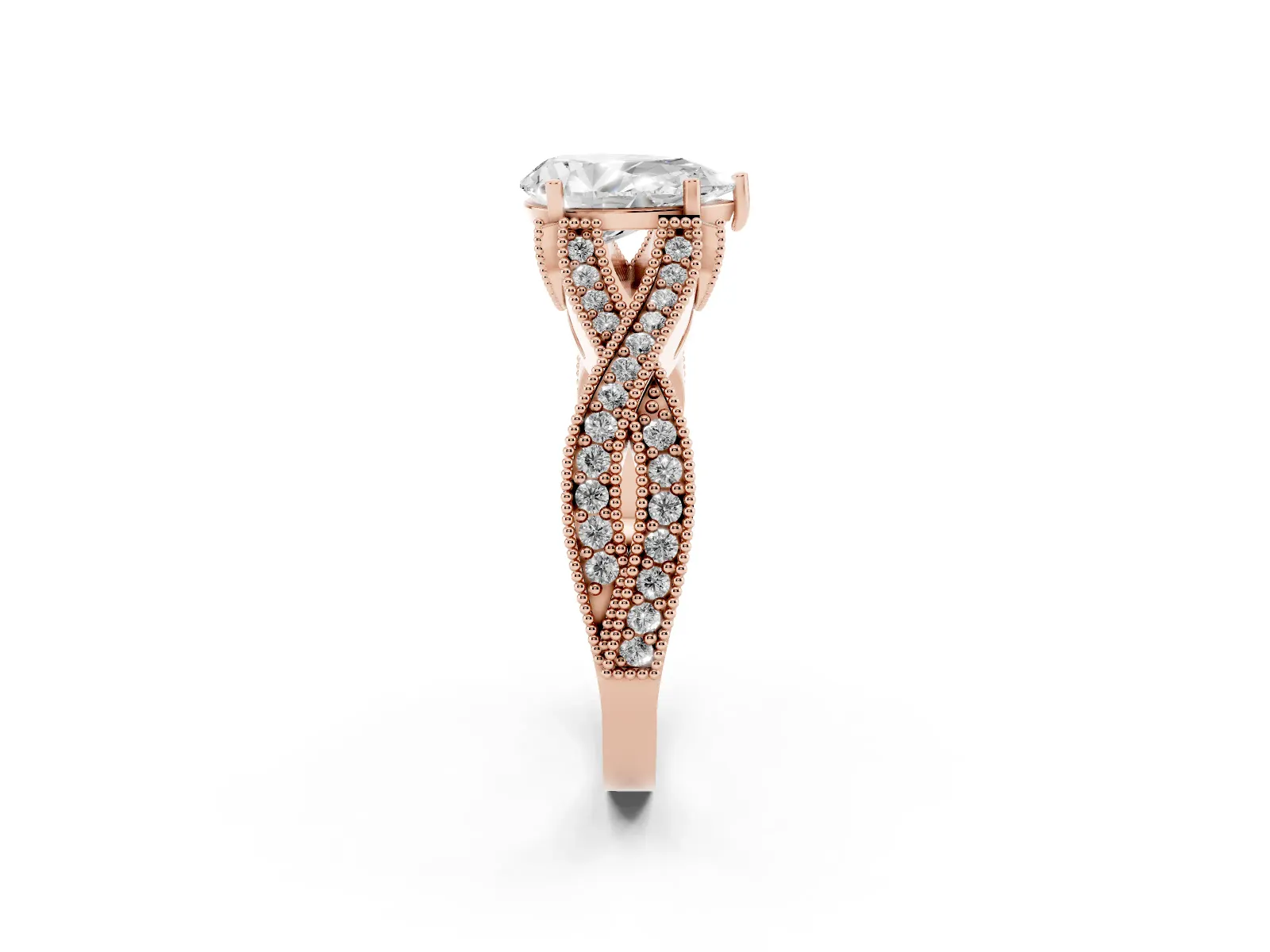 Pear Cut Cut Diamond Twisted Band with Milgrain Pave Setting and Four-Prong Setting Rose gold