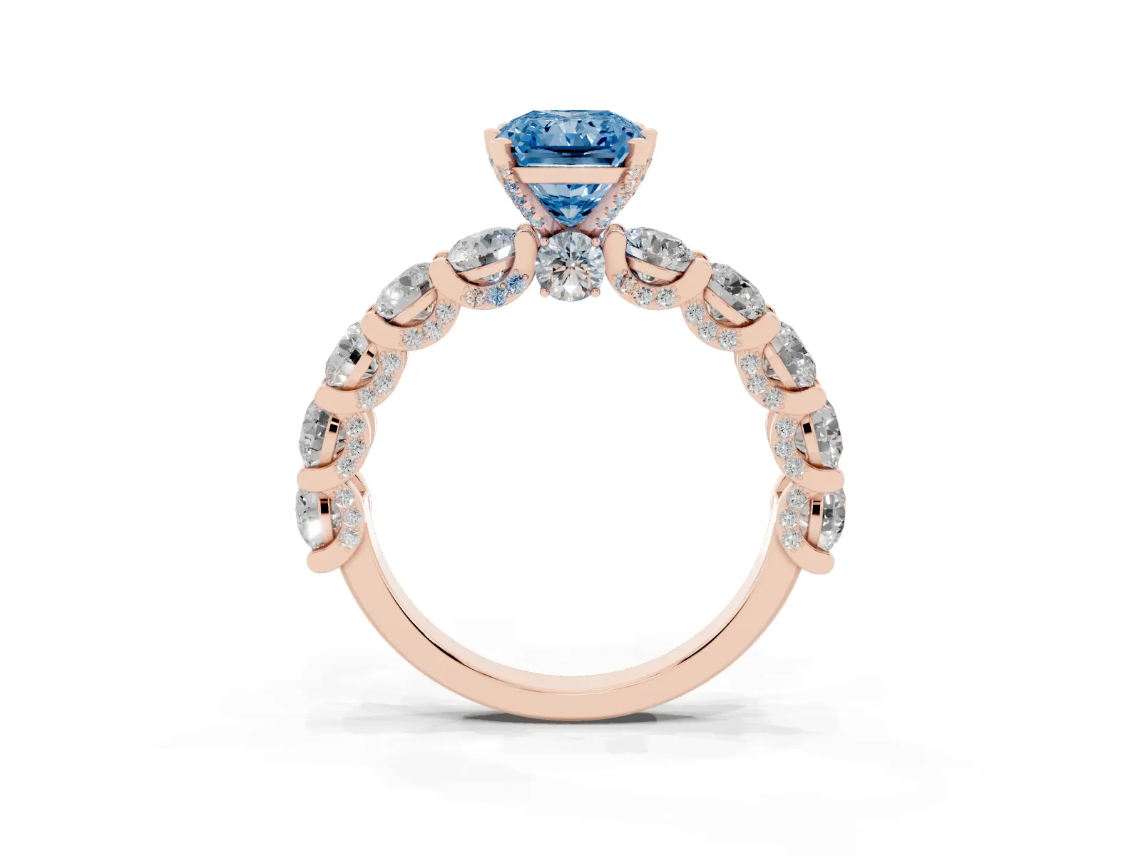 Fancy Blue Radiant Cut Diamond Side Stone Engagement Ring with Four-Prong Setting Rose gold