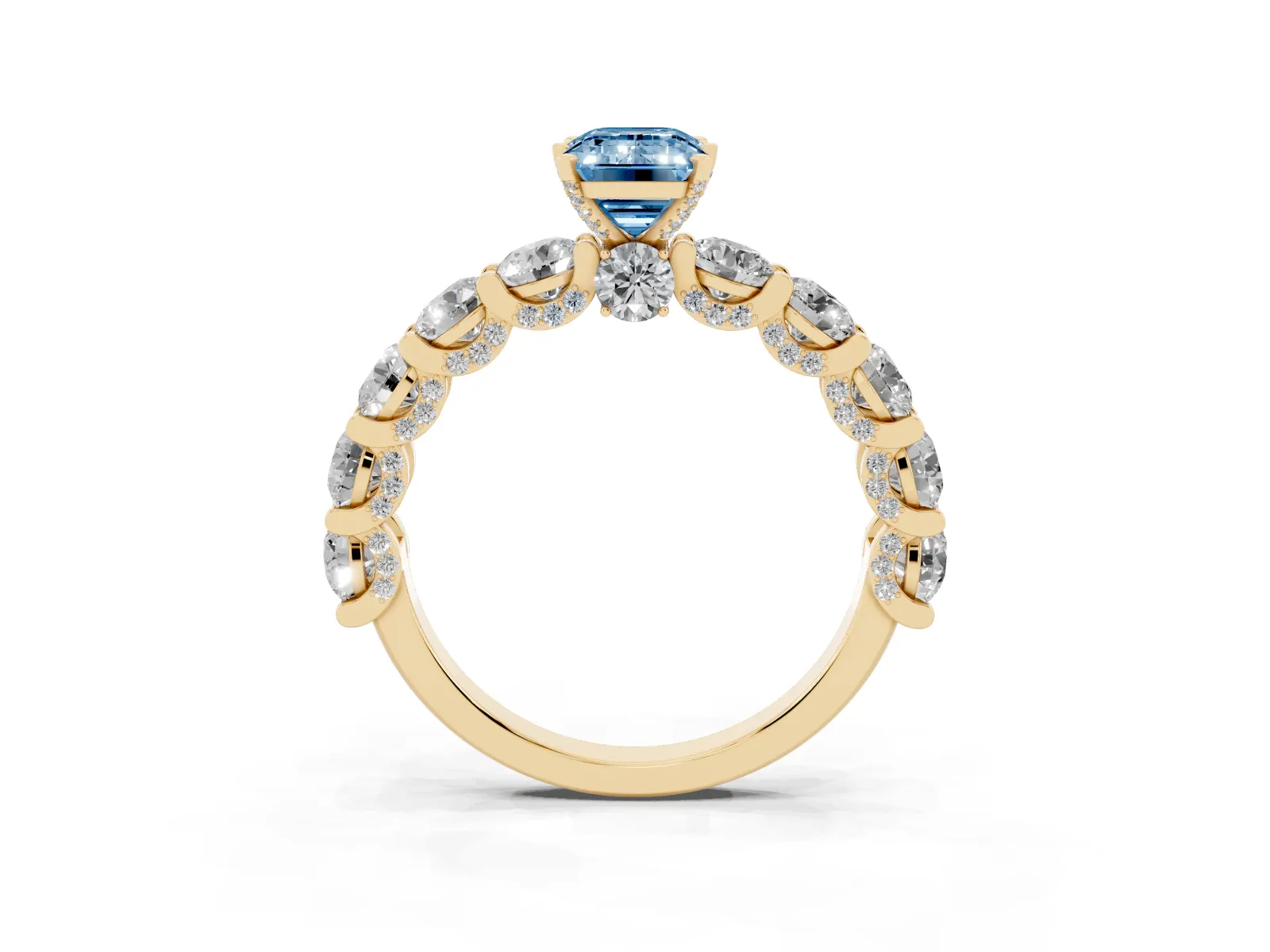 Fancy Blue Emerald Cut Diamond Side Stone Engagement Ring with Four-Prong Setting Yellow gold