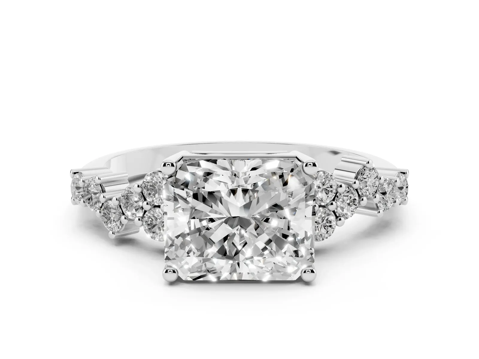 Radiant Cut Diamond Scattered Round Accent Ring with Prong Setting Silver