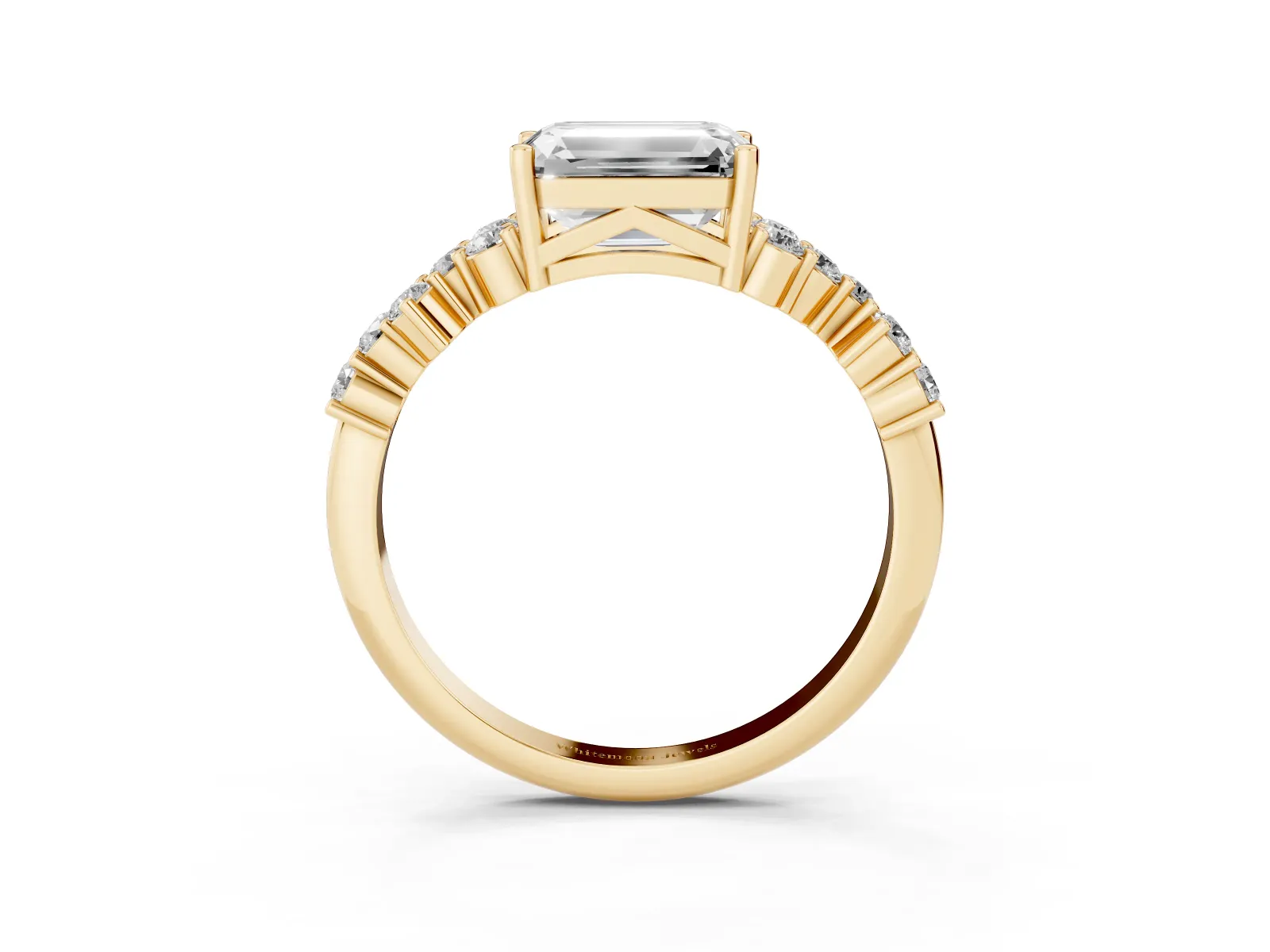 Emerald Cut Diamond Scattered Round Accent Ring with Prong Setting Yellow gold