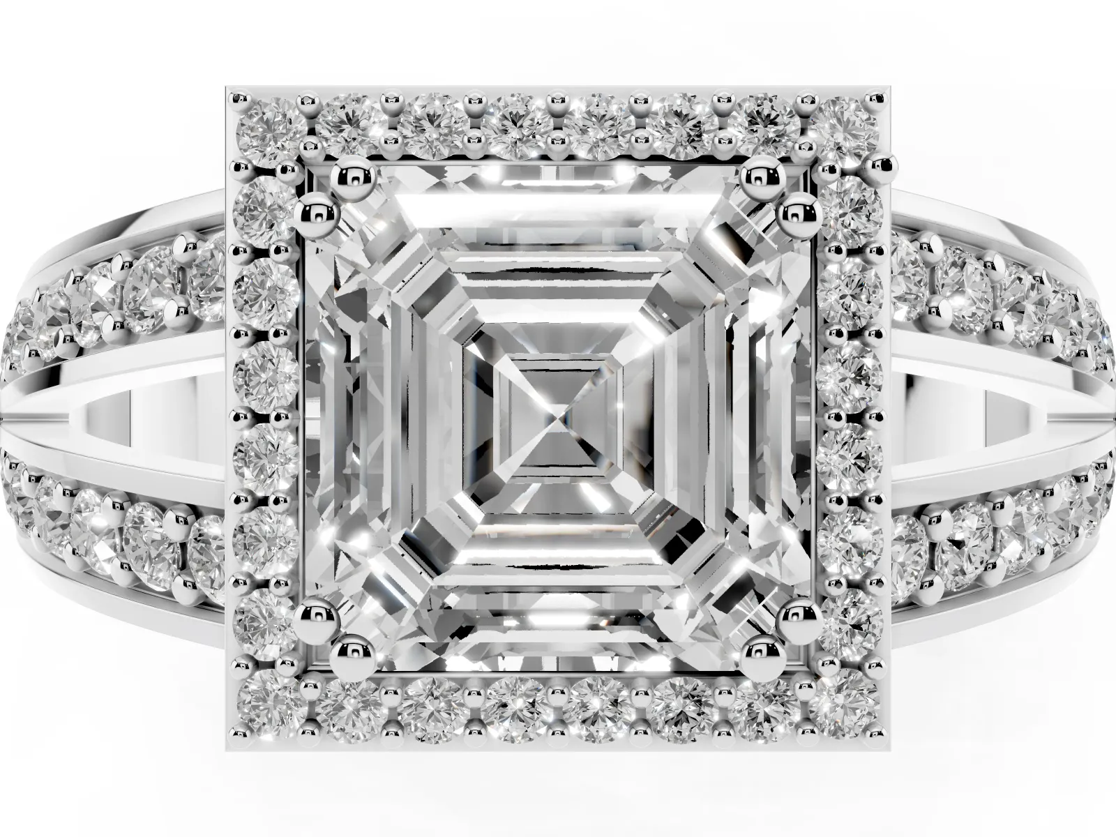 Asscher Cut Diamond Halo Ring with Split Shank Pavé Band and Four-Prong Setting Platinum