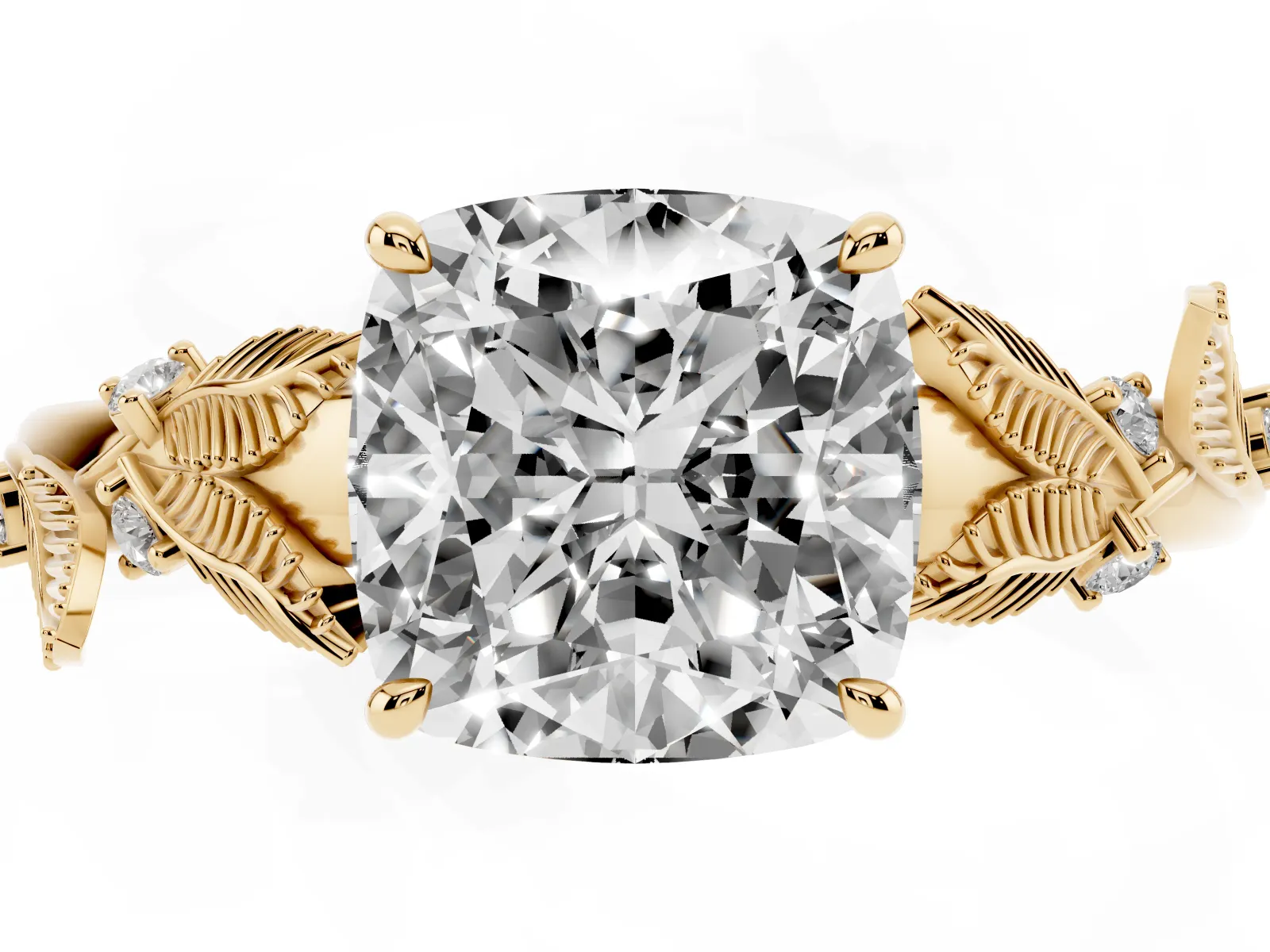 Cushion Cut Diamond Solitaire Ring with Leaf Motif Band and Four-Prong Setting Yellow gold