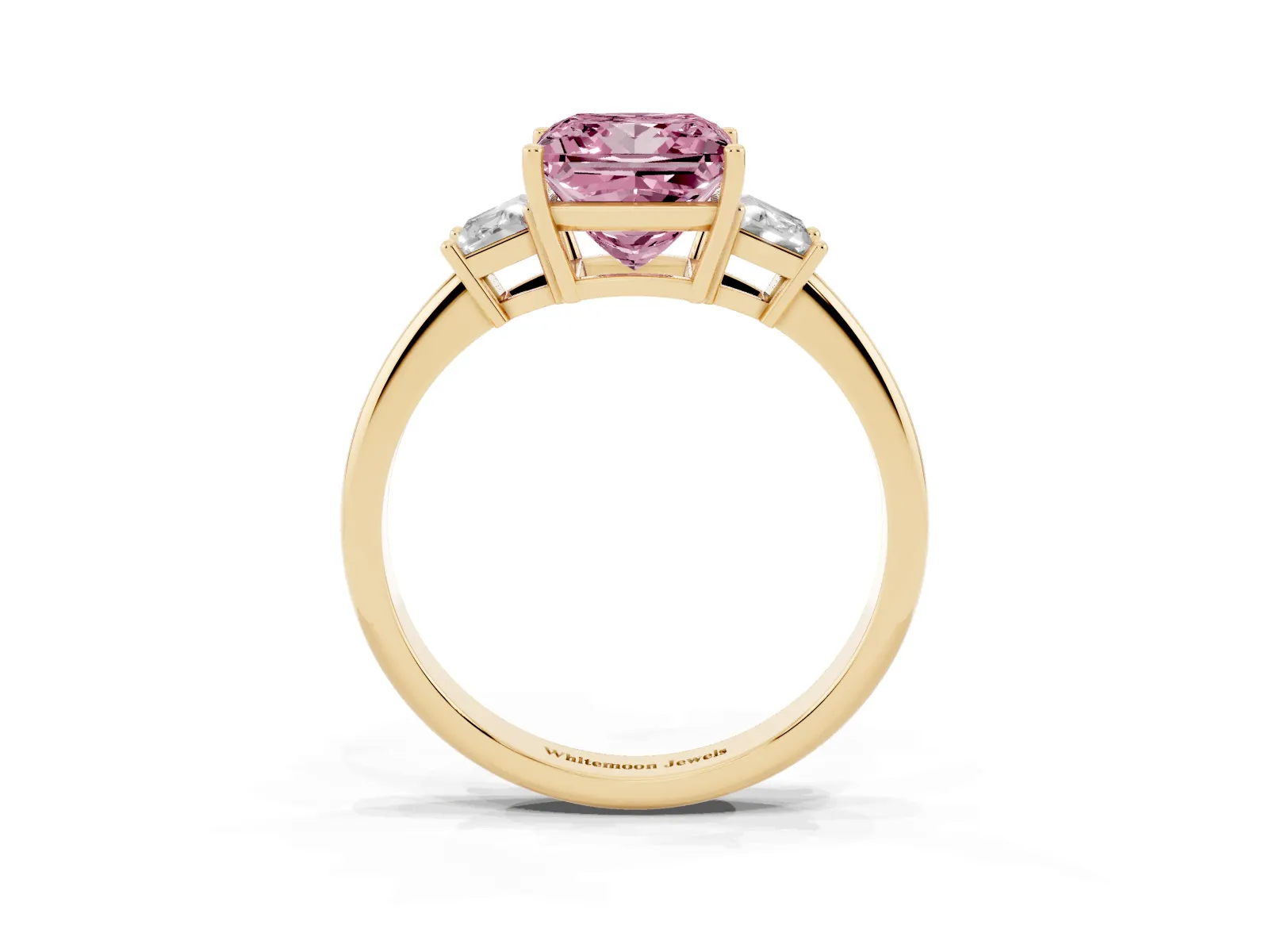 Fancy Pink Princess Cut Diamond Three-Stone Ring with Trapezoid Side Stones and Prong Setting Yellow gold