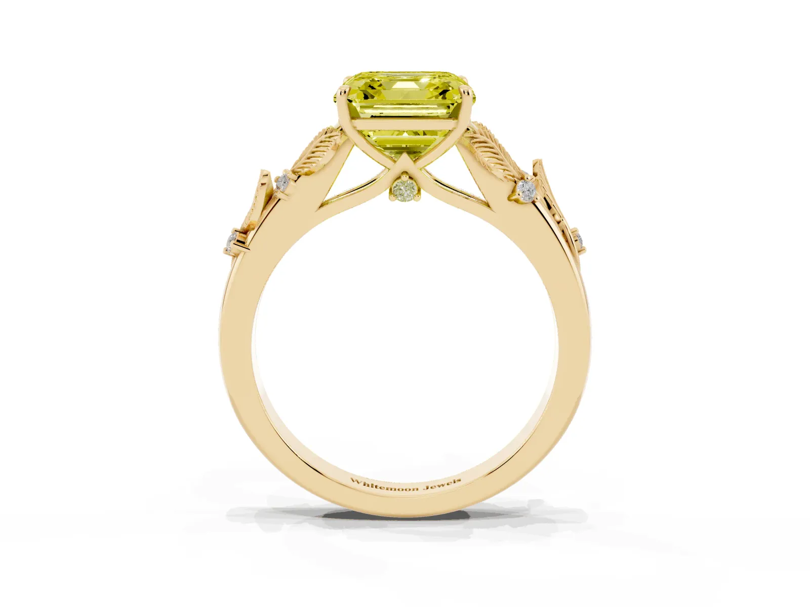 Fancy Yellow Asscher Cut Diamond Solitaire Ring with Leaf Motif Band and Four-Prong Setting Yellow gold