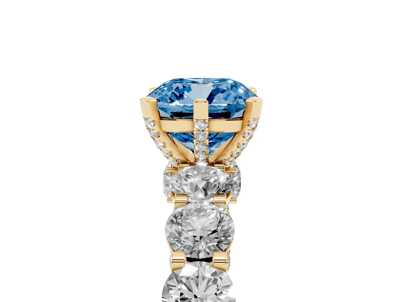 Fancy Blue Cushion Cut Diamond Side Stone Engagement Ring with Four-Prong Setting Yellow gold