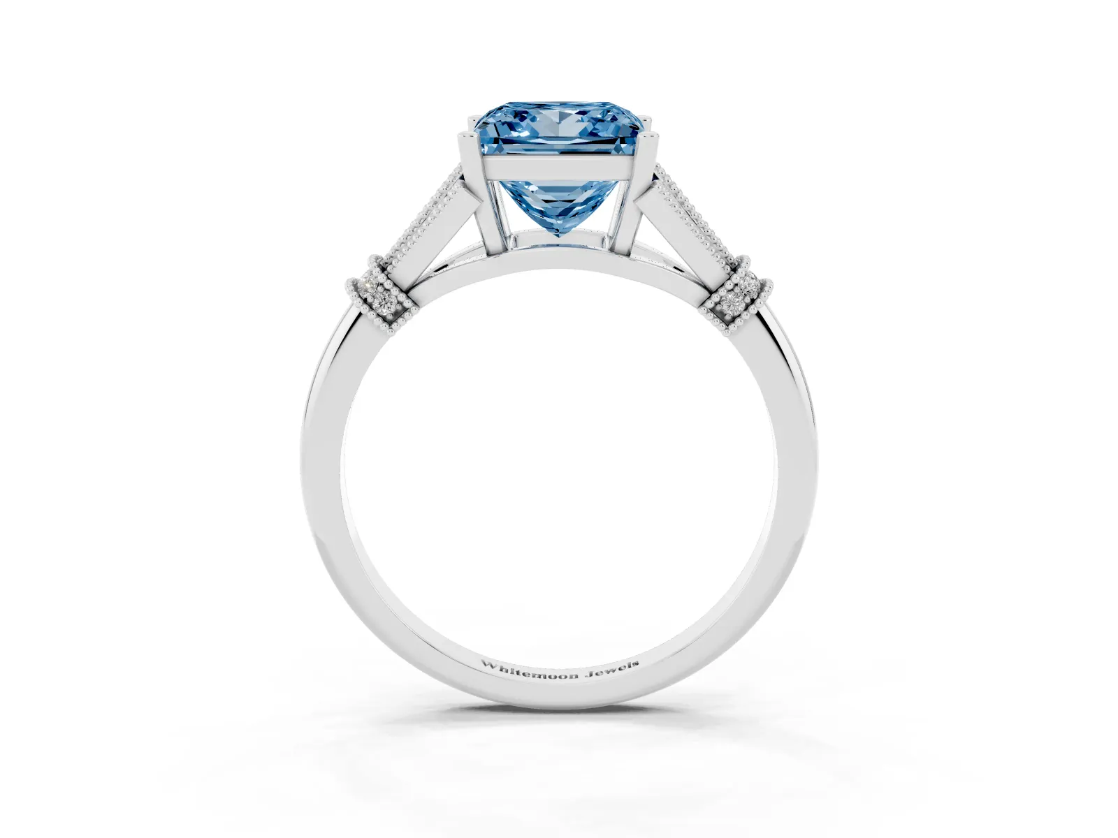 Fancy Blue Princess Cut Diamond Solitaire Ring with Floral Filigree and Pave Accents Platinum