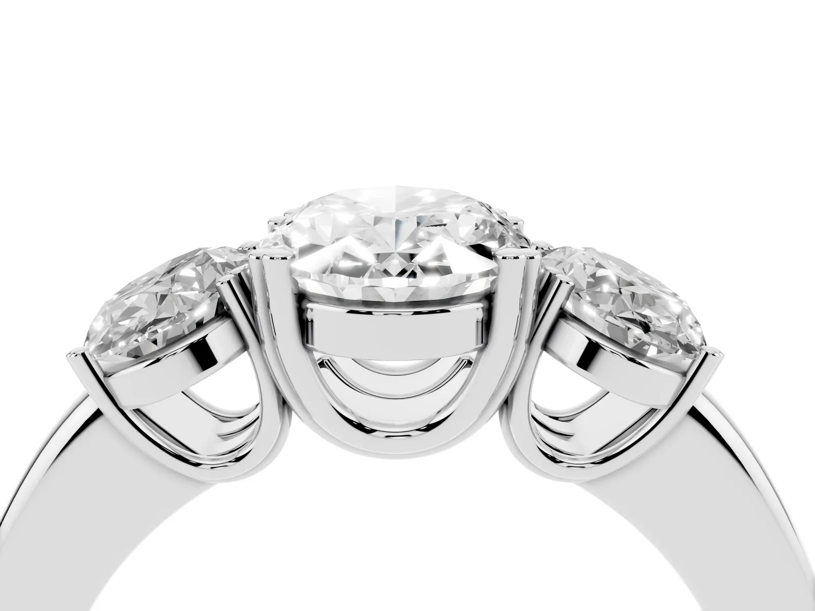 Three-Stone Oval Cut Cut Diamond Ring with Channel Set Band and Four-Prong Setting White gold