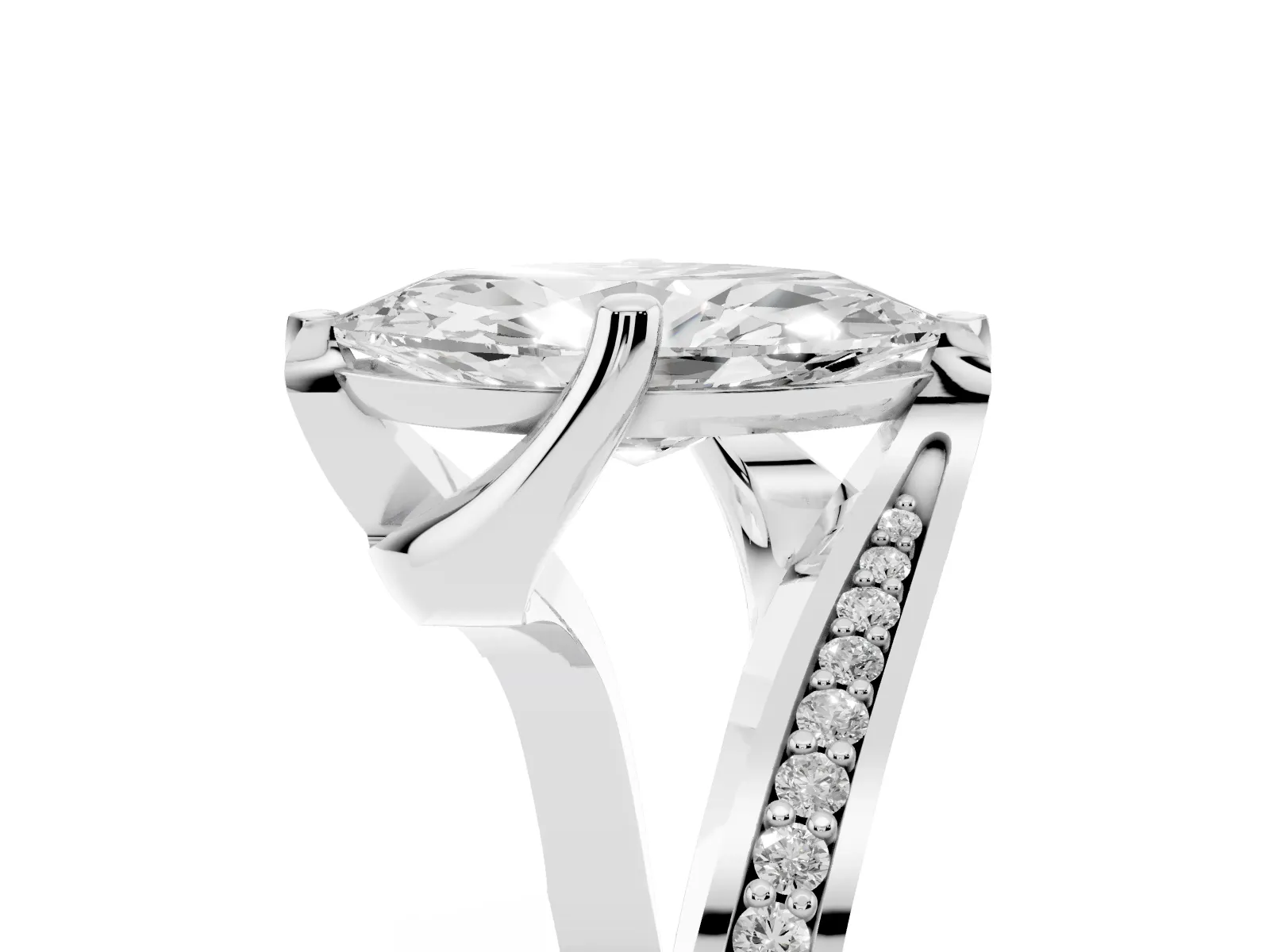 Marquise Cut Solitaire Diamond Twist Band with Pavé Setting and Four-Prong Setting Platinum