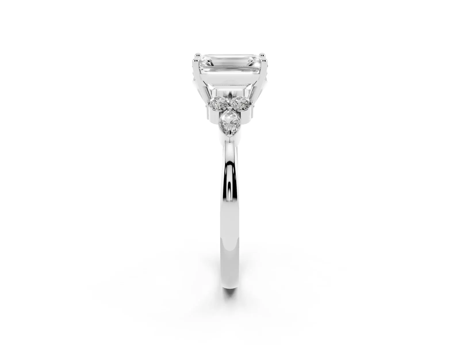 Emerald Cut Brilliant Diamond Solitaire Ring with Pear Side Stones and Four-Prong Setting Platinum
