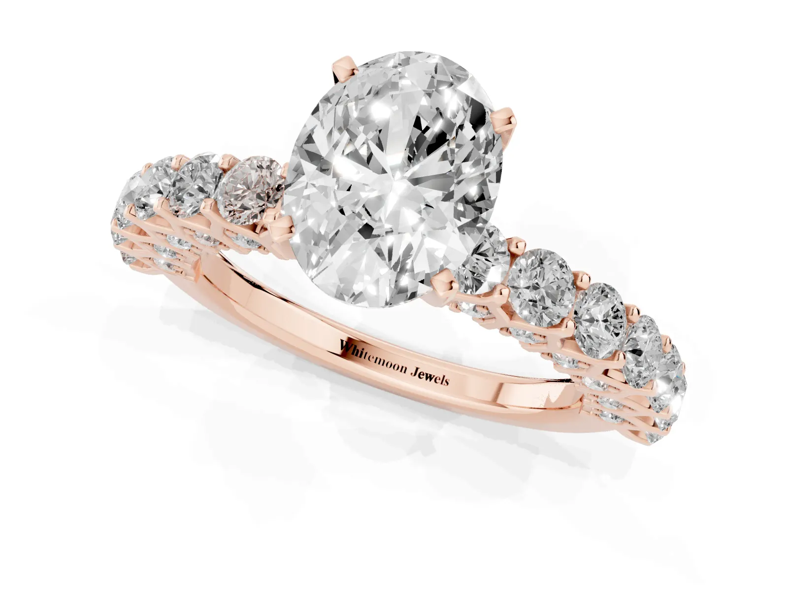 Oval Cut Diamond Solitaire Ring with Shared Prong Pavé Band and Four-Prong Setting Rose gold