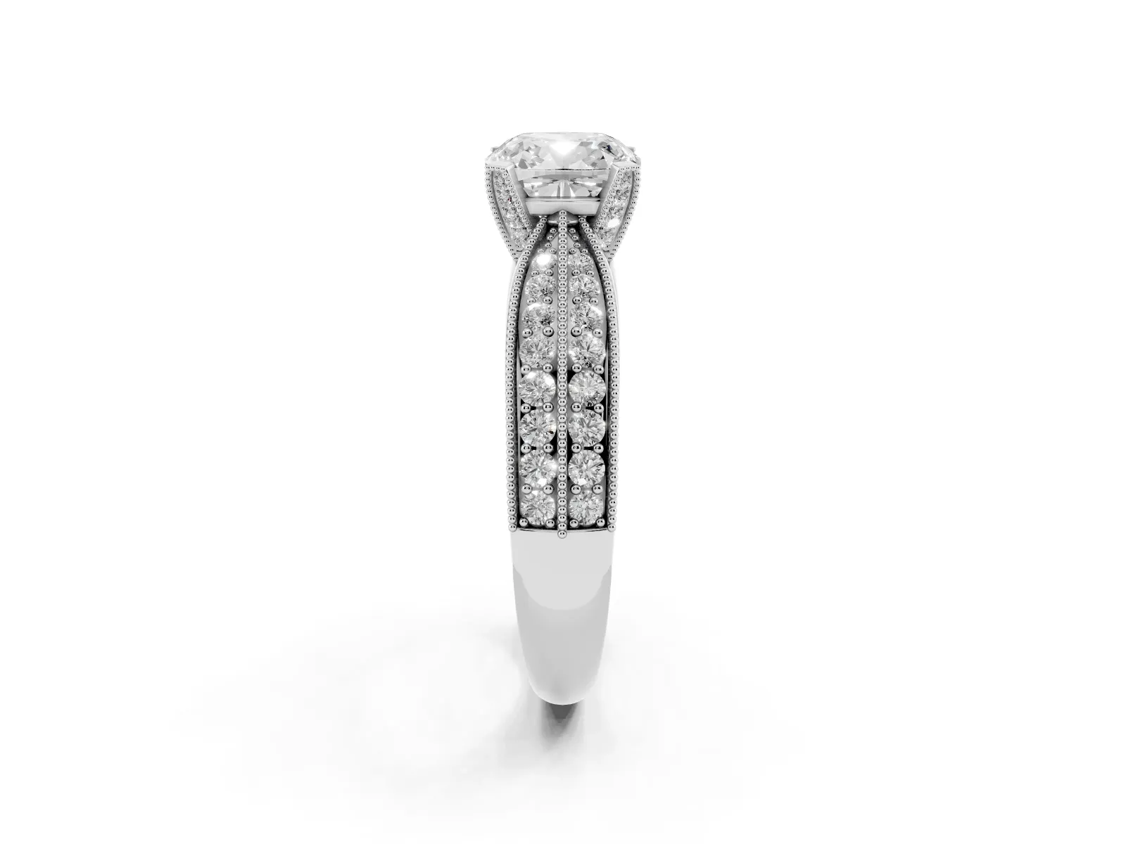 Cushion Cut Diamond Solitaire Ring with Milgrain Round Pavé Band and Prong Setting Platinum