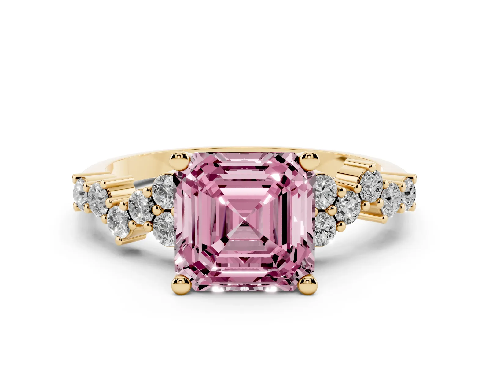 Fancy Pink Asscher Cut Diamond Scattered Round Accent Ring with Prong Setting Yellow gold