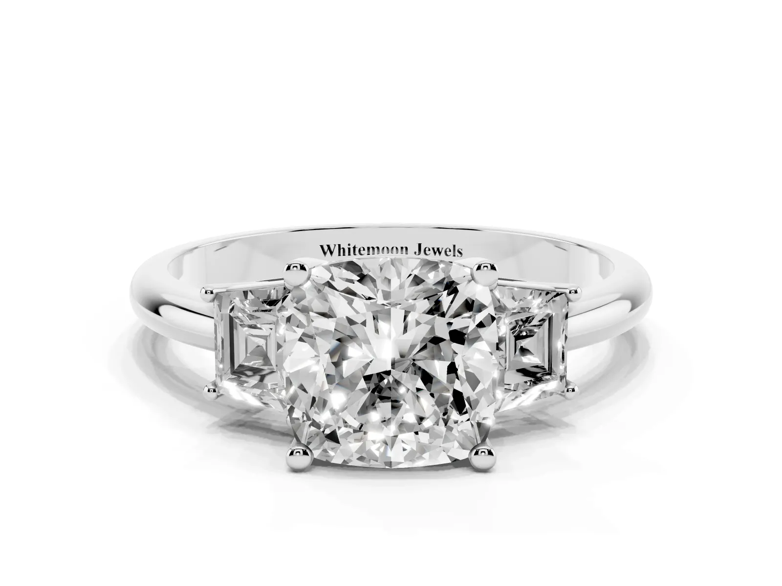 Cushion Cut Diamond Three-Stone Ring with Trapezoid Side Stones and Prong Setting Platinum