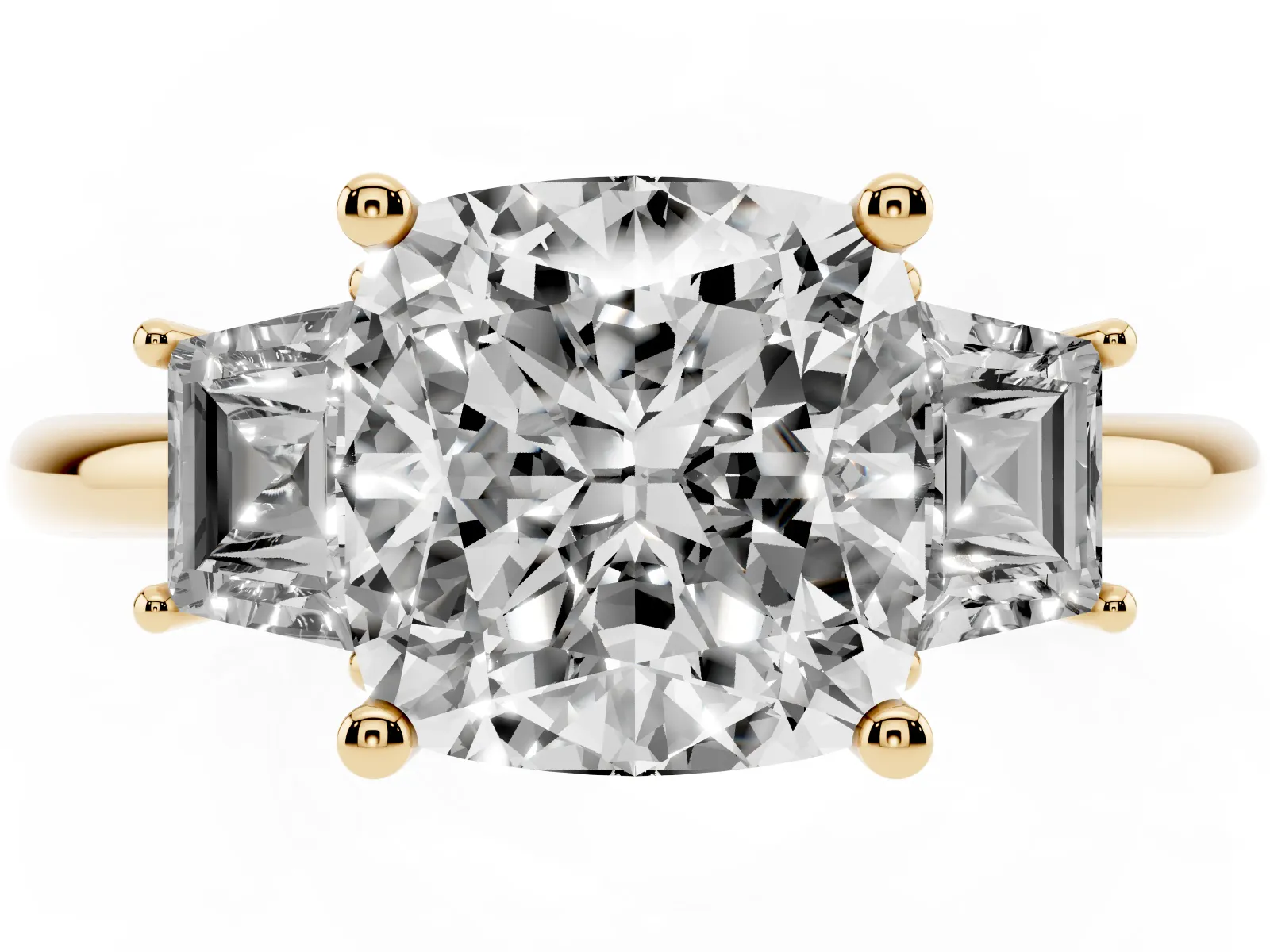 Cushion Cut Diamond Three-Stone Ring with Trapezoid Side Stones and Prong Setting Yellow gold