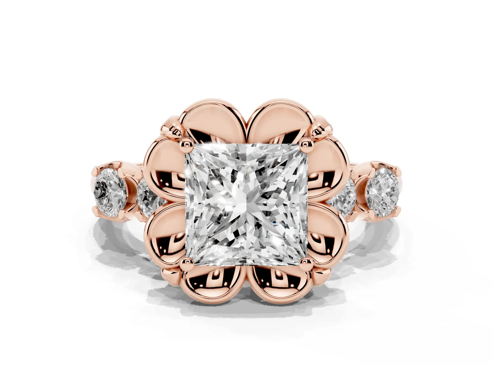 Princess Cut Cut Diamond Floral Halo Engagement Ring with Shared Prong Setting Rose gold