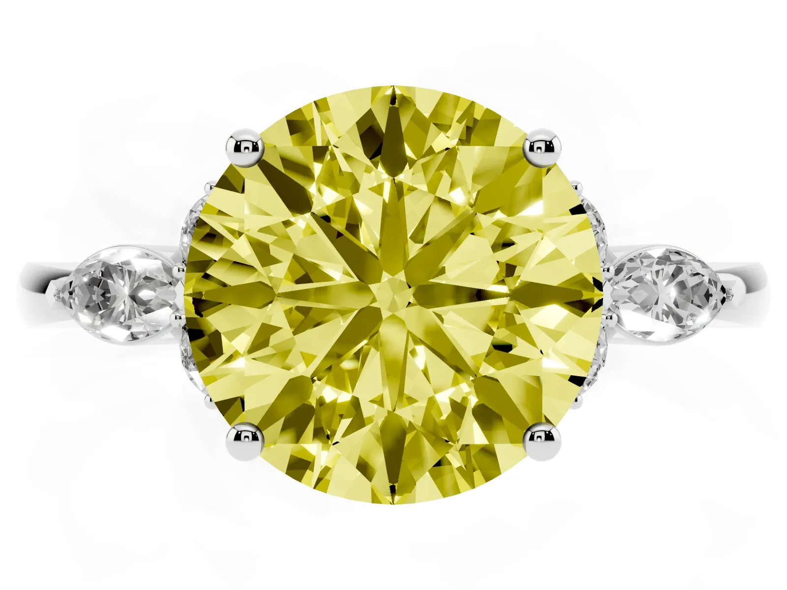 Fancy Yellow Round Cut Brilliant Diamond Solitaire Ring with Pear Side Stones and Four-Prong Setting Platinum