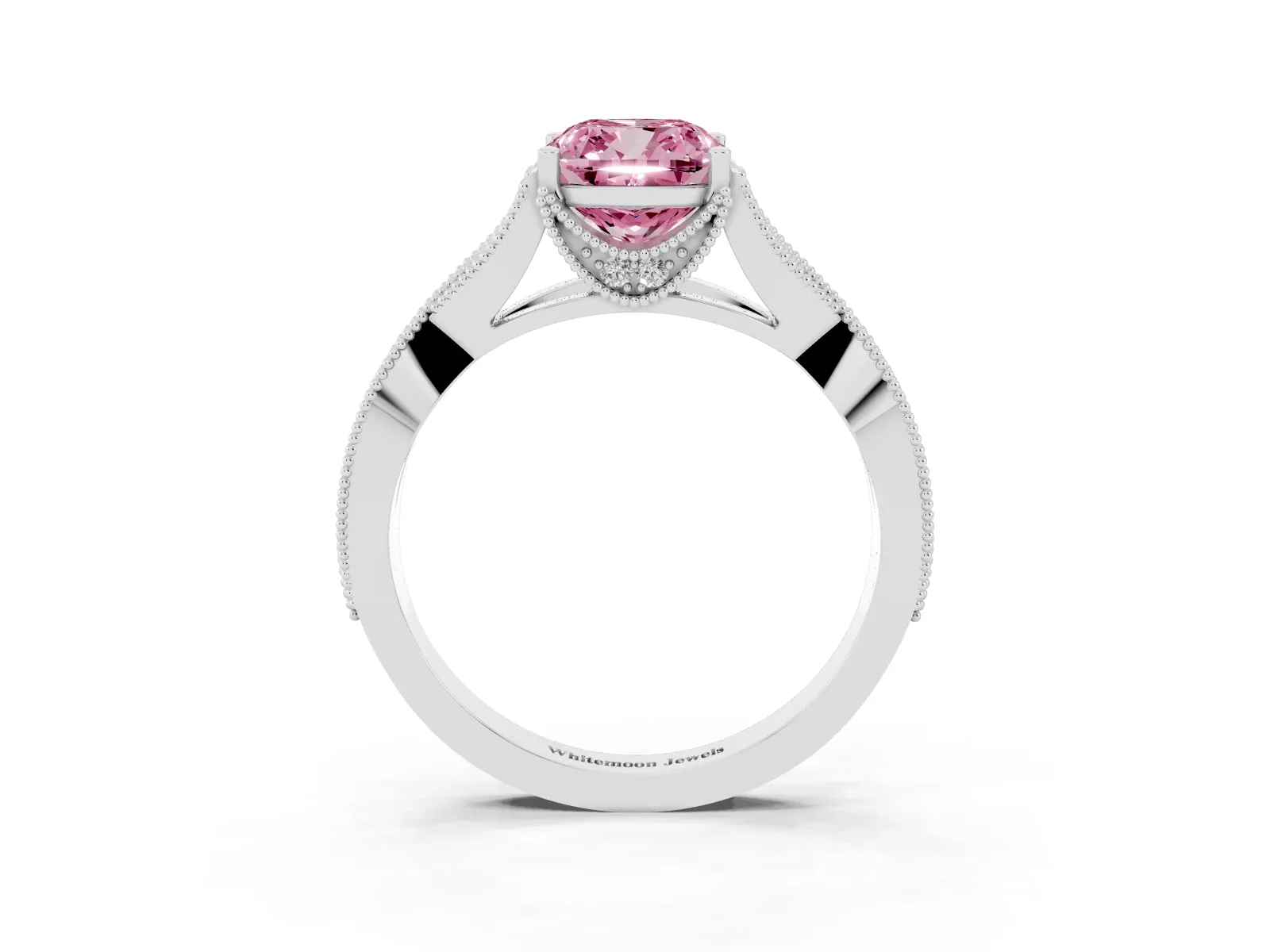 Fancy Pink Cushion Cut Cut Diamond Twisted Band with Milgrain Pave Setting and Four-Prong Setting Platinum