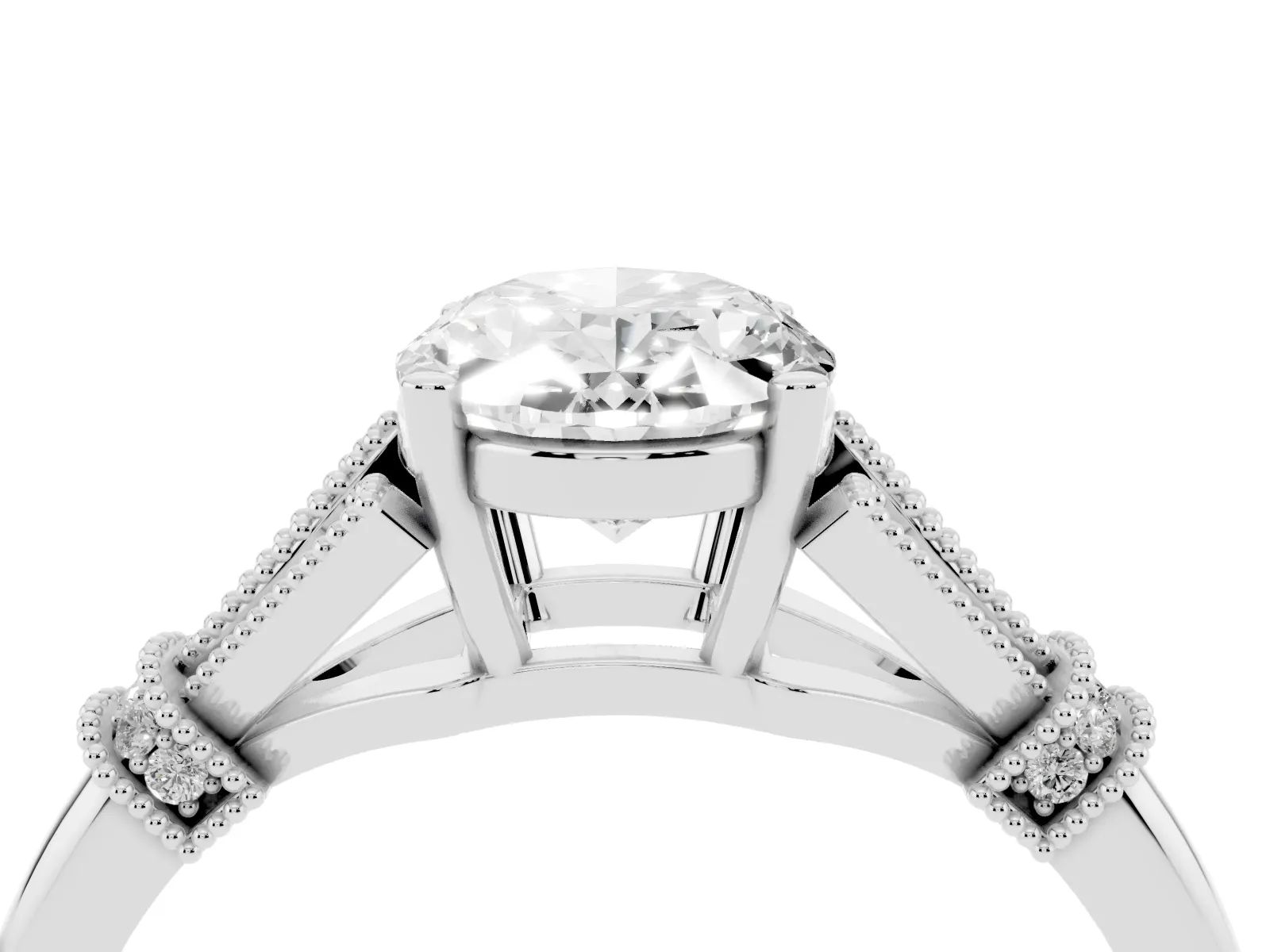 Oval Cut Diamond Solitaire Ring with Floral Filigree and Pave Accents White gold