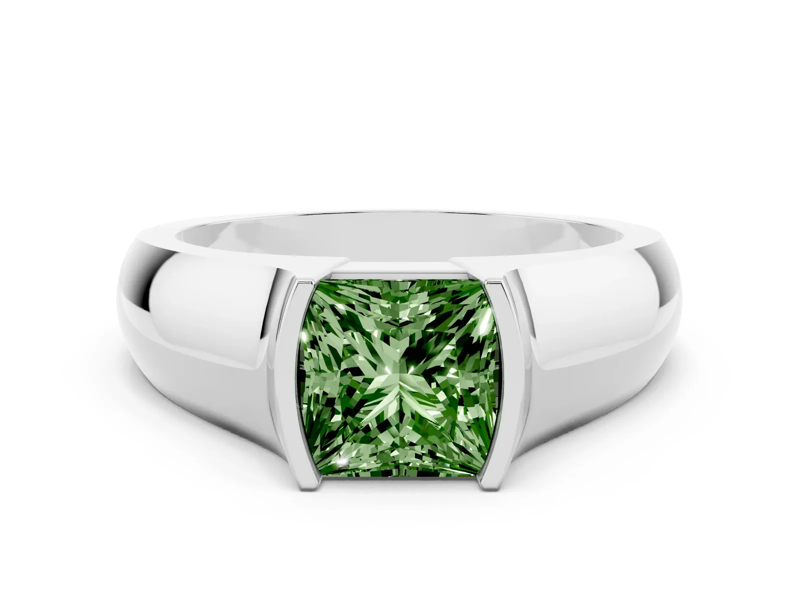Fancy Green Princess Cut Solitaire Bezel Set Diamond Ring with Wide Band White gold