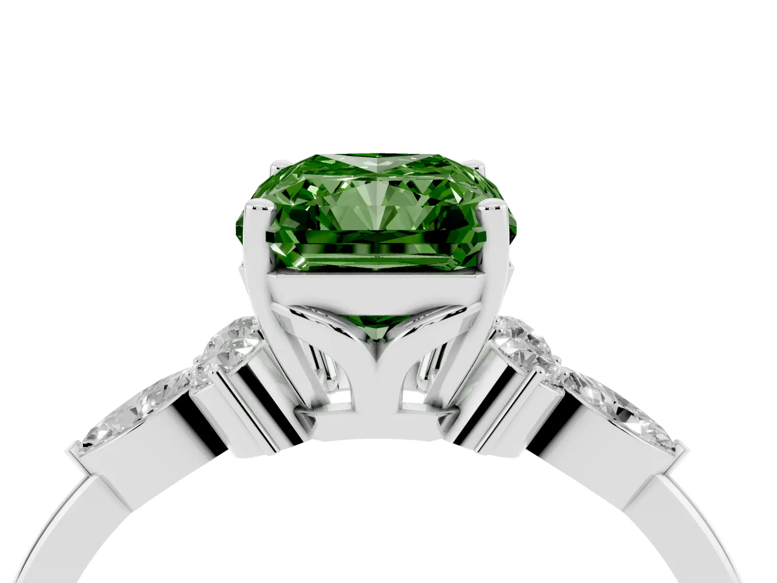 Fancy Green Radiant Cut Brilliant Diamond Solitaire Ring with Pear Side Stones and Four-Prong Setting White gold