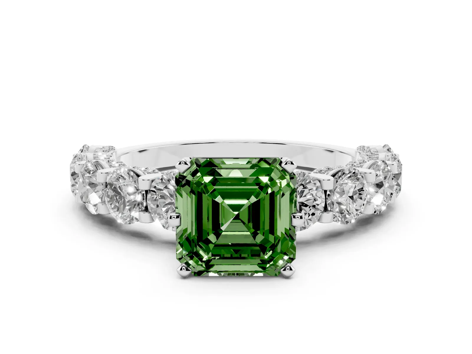 Fancy Green Asscher Cut Diamond Side Stone Engagement Ring with Four-Prong Setting Platinum