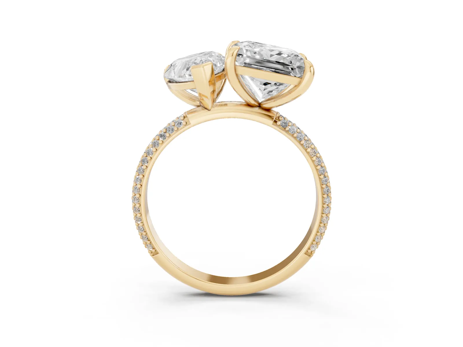 Pear and Princess Toi Moi Ring with Prong Setting and Pave Band Yellow gold