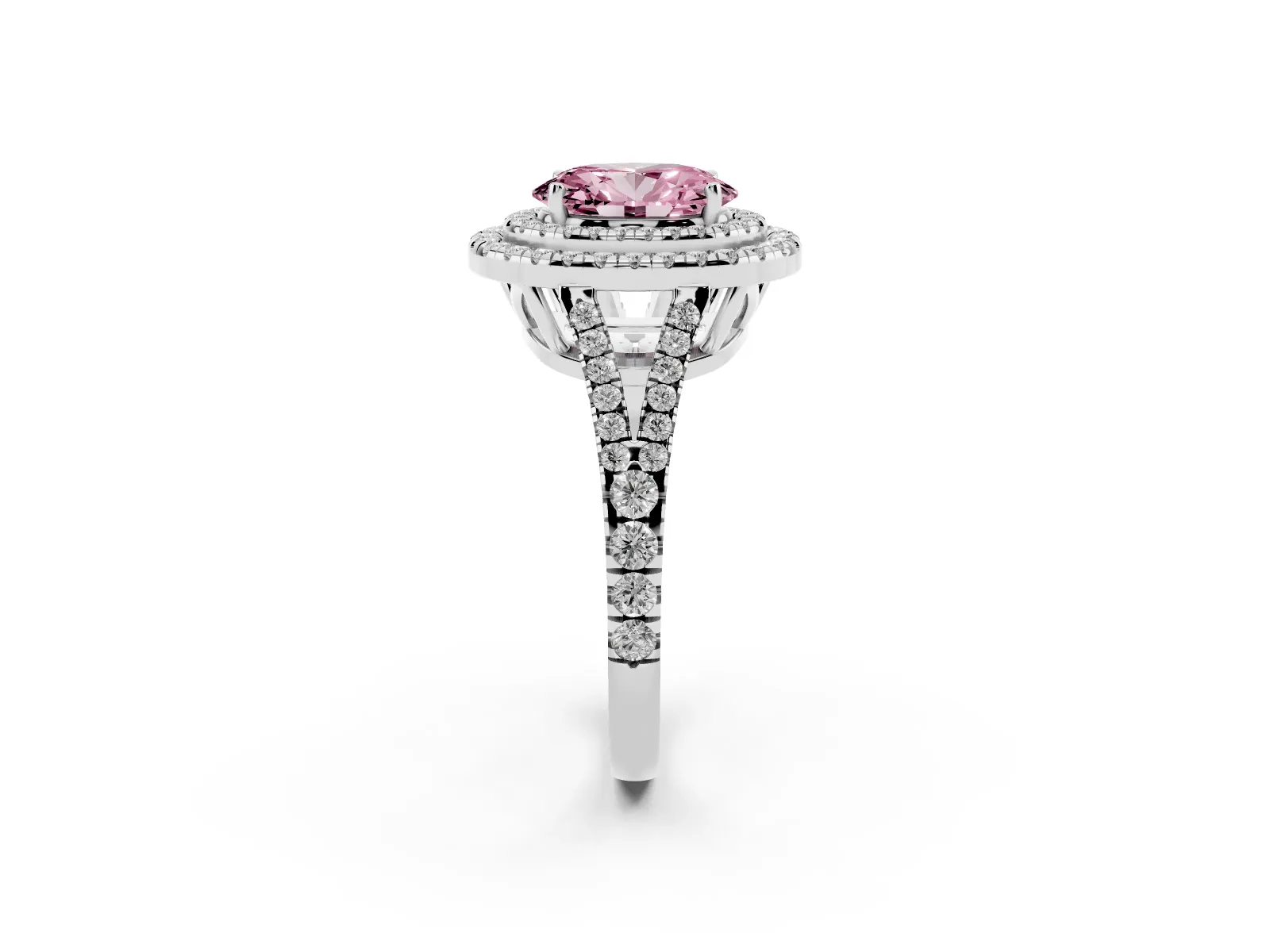 Fancy Pink Oval Cut Diamond Double Halo Ring with Pavé Band and Prong Setting Platinum