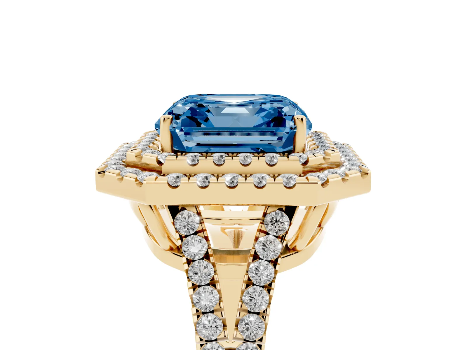 Fancy Blue Asscher Cut Diamond Double Halo Ring with Pavé Band and Prong Setting Yellow gold