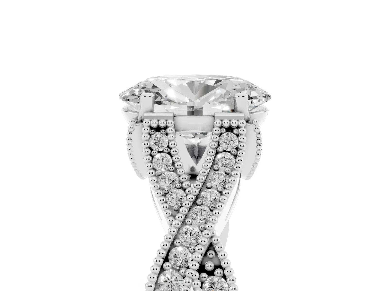 Oval Cut Cut Diamond Twisted Band with Milgrain Pave Setting and Four-Prong Setting Platinum