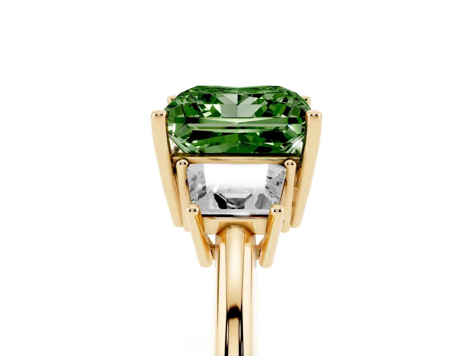 Fancy Green Princess Cut Diamond Three-Stone Ring with Trapezoid Side Stones and Prong Setting Yellow gold