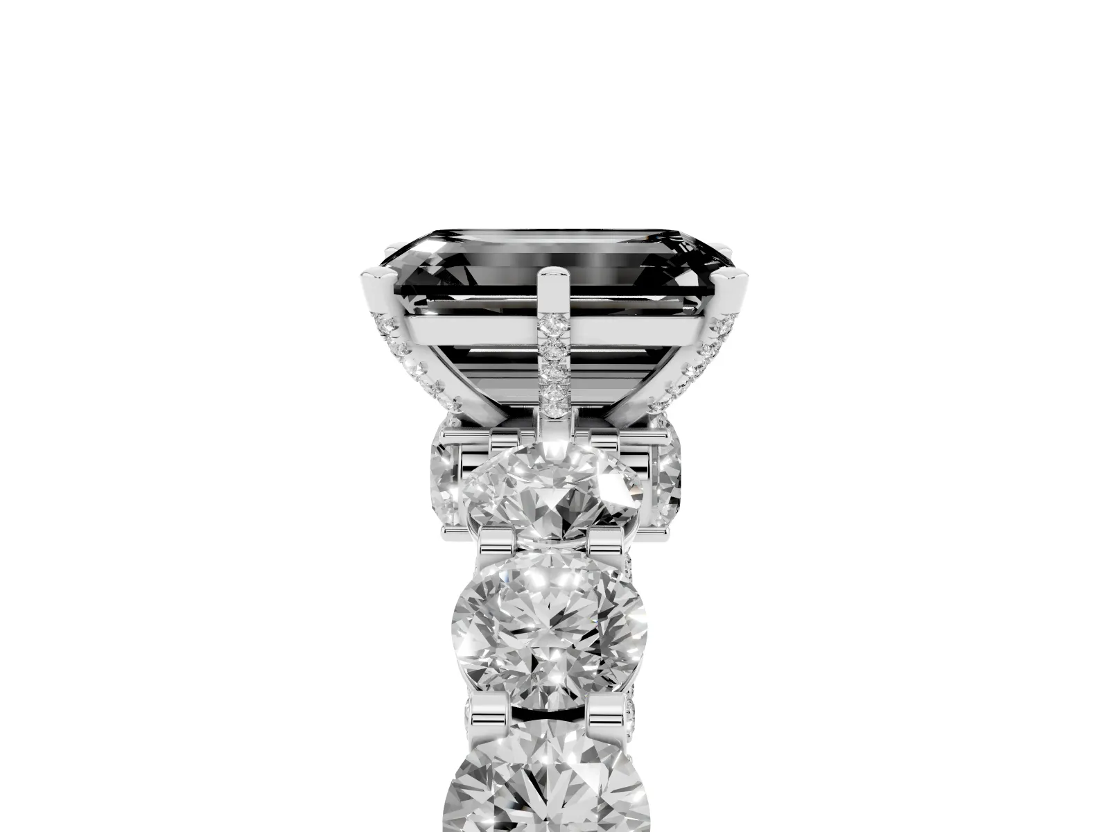 Fancy Black Emerald Cut Diamond Side Stone Engagement Ring with Four-Prong Setting Platinum