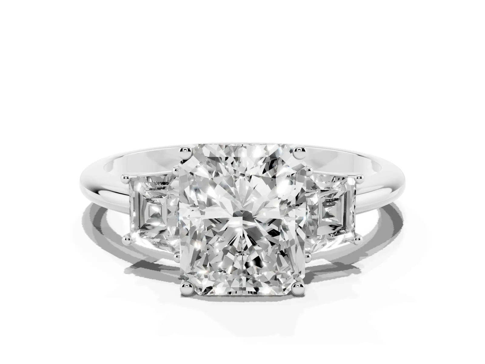 Radiant Cut Diamond Three-Stone Ring with Trapezoid Side Stones and Prong Setting Platinum