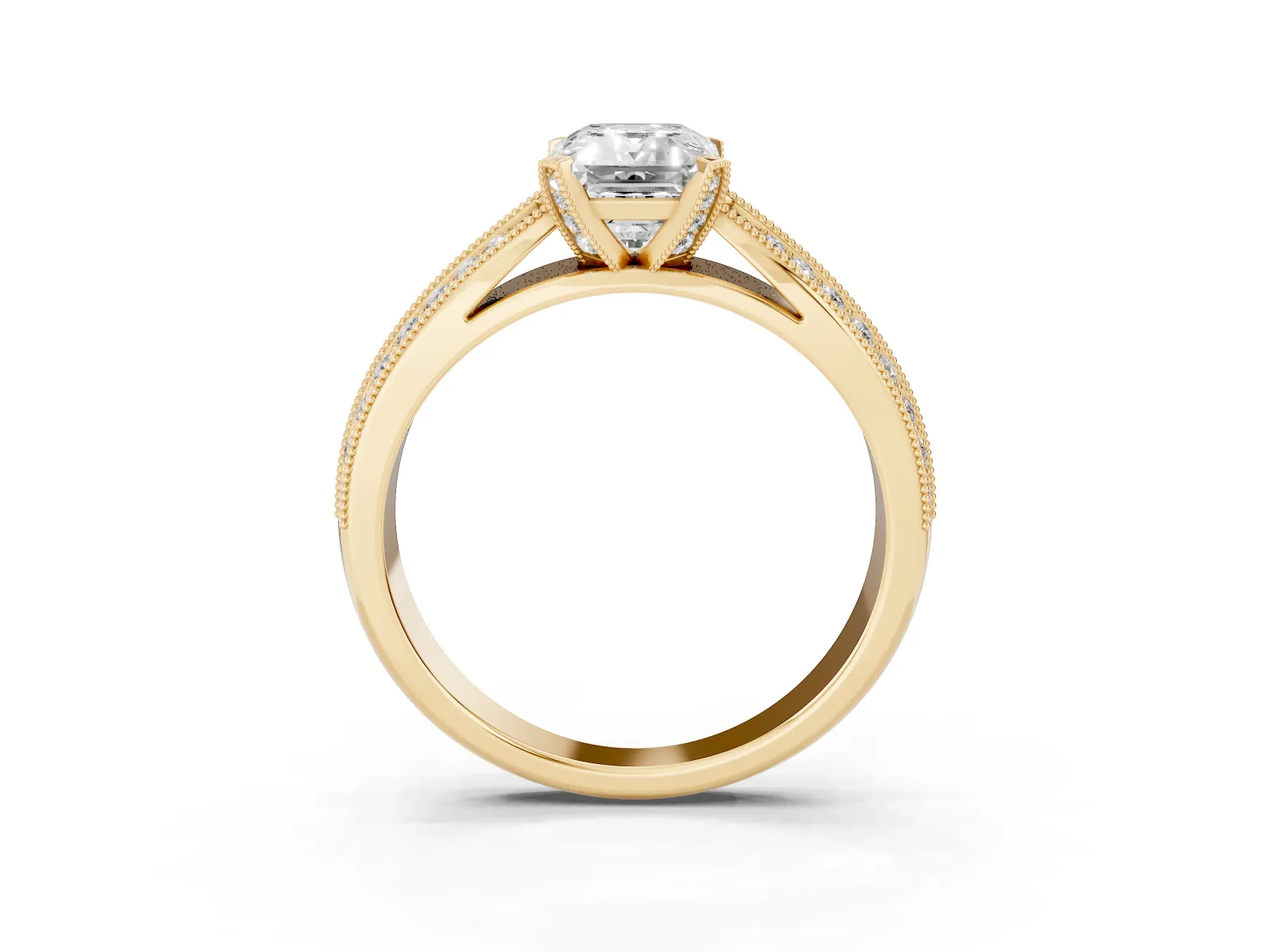 Emerald Cut Diamond Solitaire Ring with Milgrain Round Pavé Band and Prong Setting Yellow gold