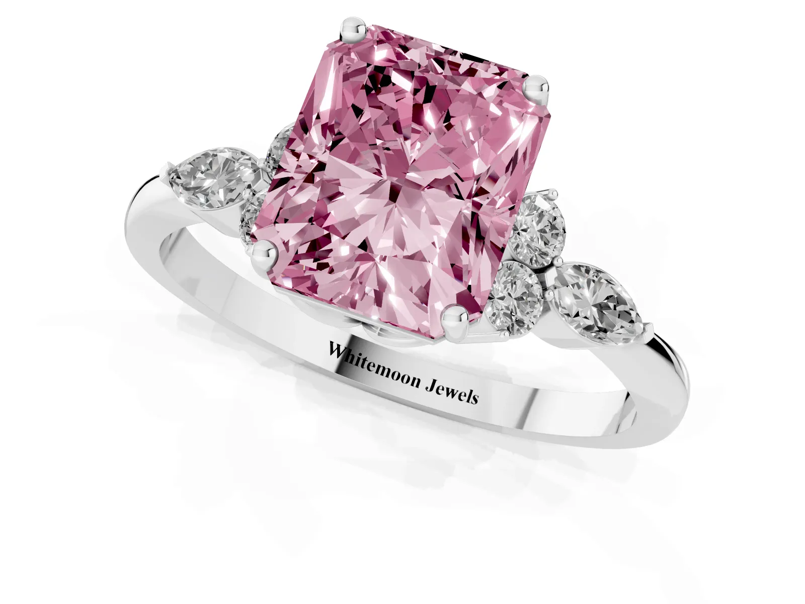 Fancy Pink Radiant Cut Brilliant Diamond Solitaire Ring with Pear Side Stones and Four-Prong Setting White gold