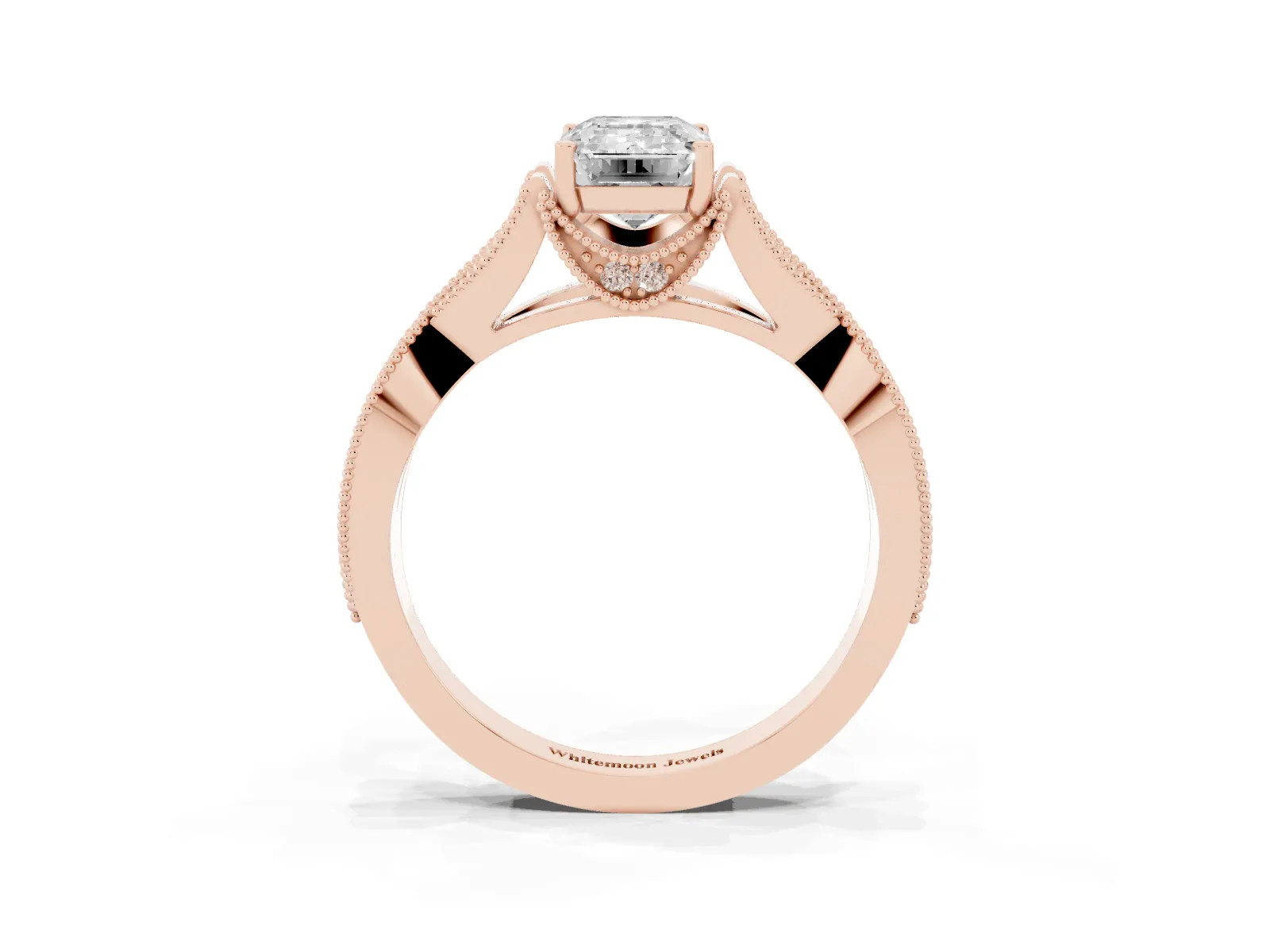 Emerald Cut Cut Diamond Twisted Band with Milgrain Pave Setting and Four-Prong Setting Rose gold