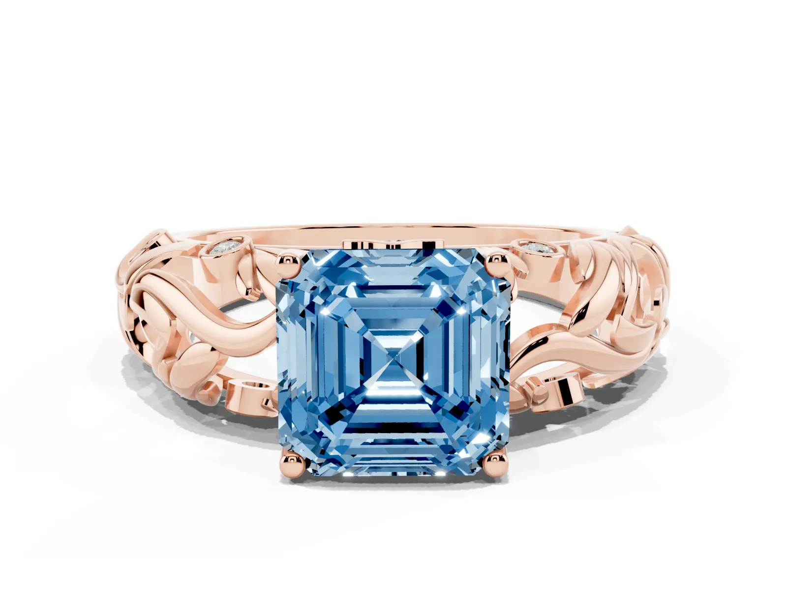 Fancy Blue Asscher Cut Solitaire Diamond Leaf-Inspired Vine Band Ring with Prong Setting Rose gold