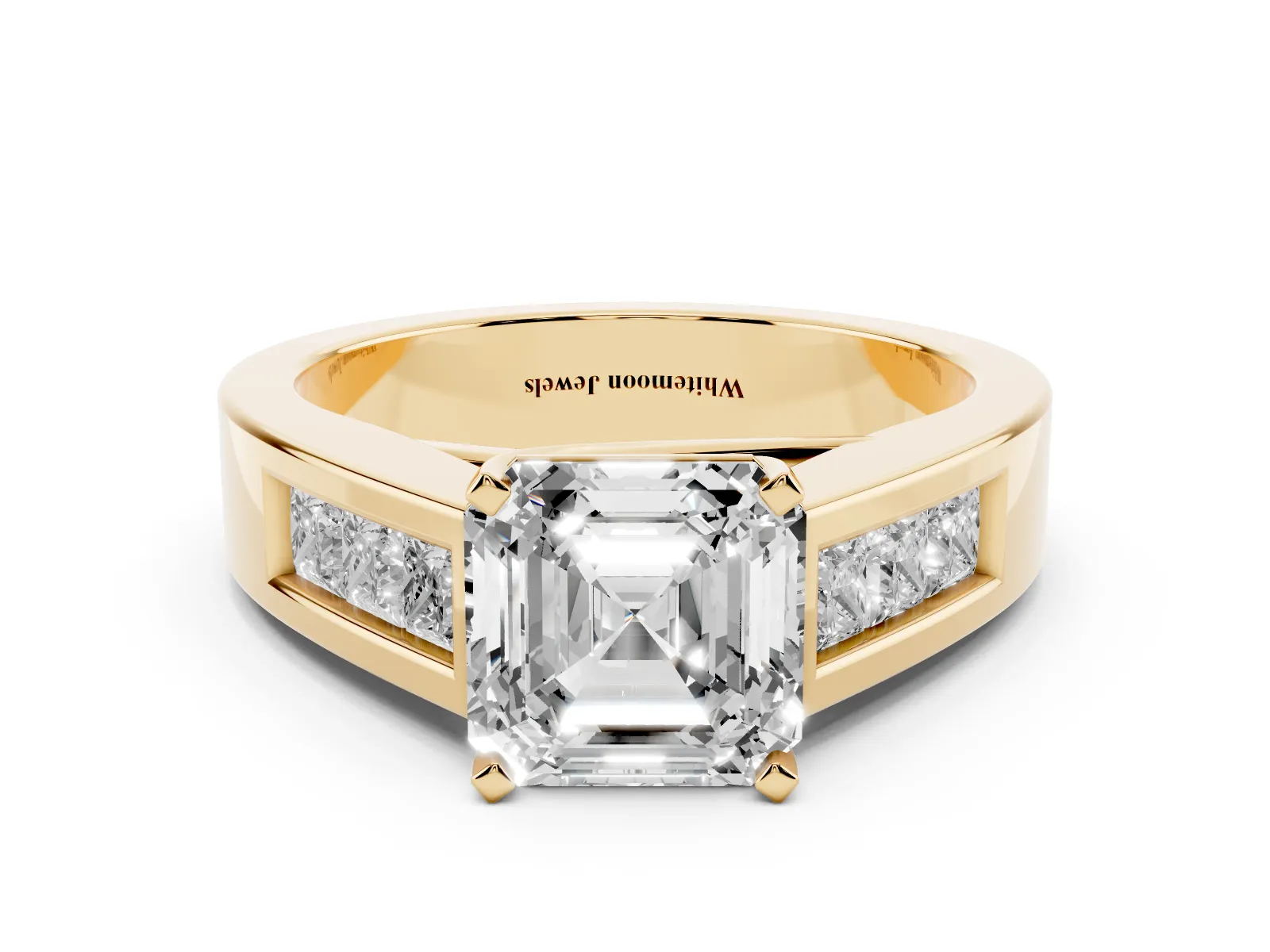 Asscher Cut Cut Channel Set Solitaire Ring with Four-Prong Setting Yellow gold