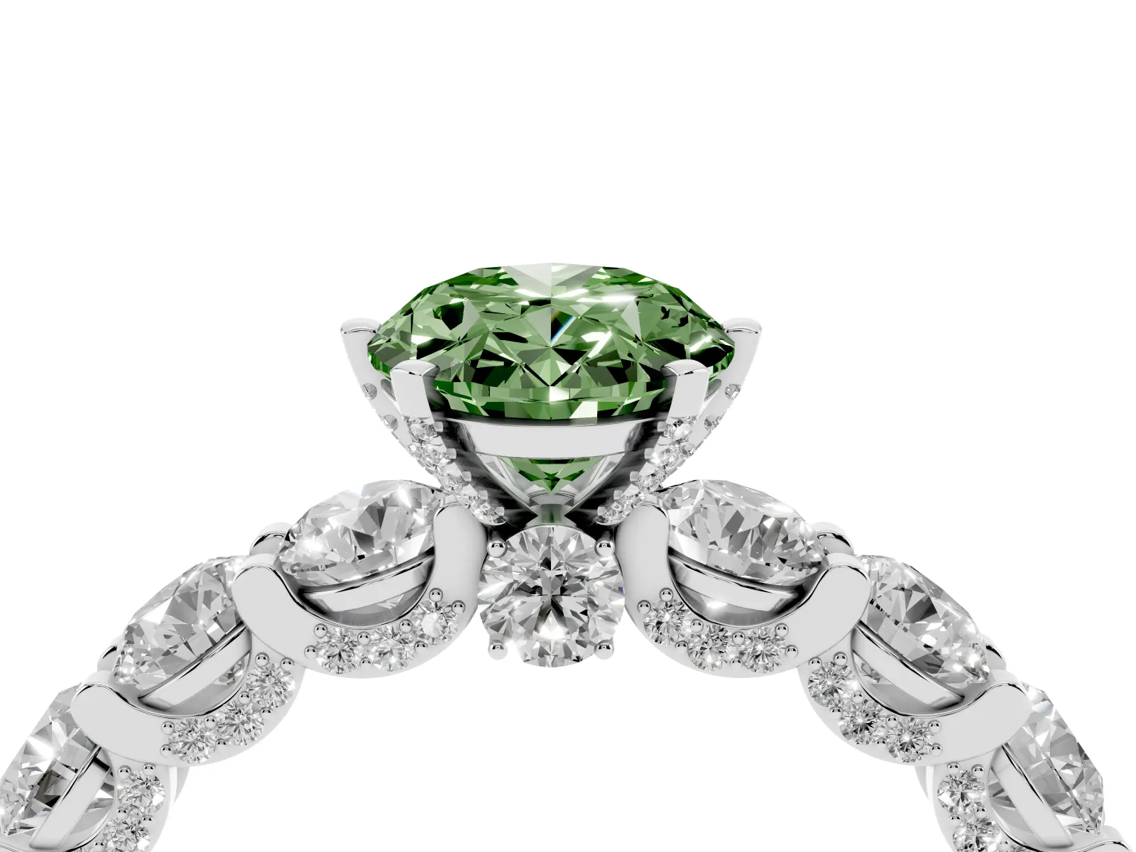 Fancy Green Oval Cut Diamond Side Stone Engagement Ring with Four-Prong Setting Platinum