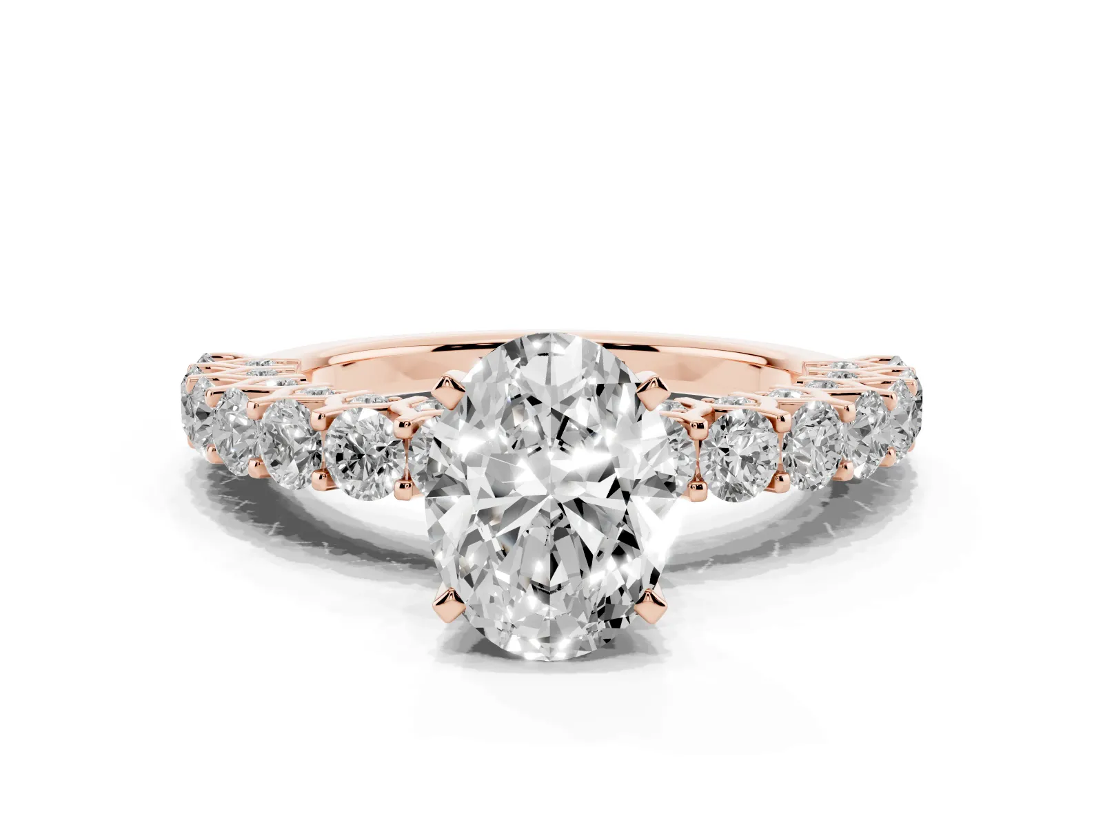 Oval Cut Diamond Solitaire Ring with Shared Prong Pavé Band and Four-Prong Setting Rose gold