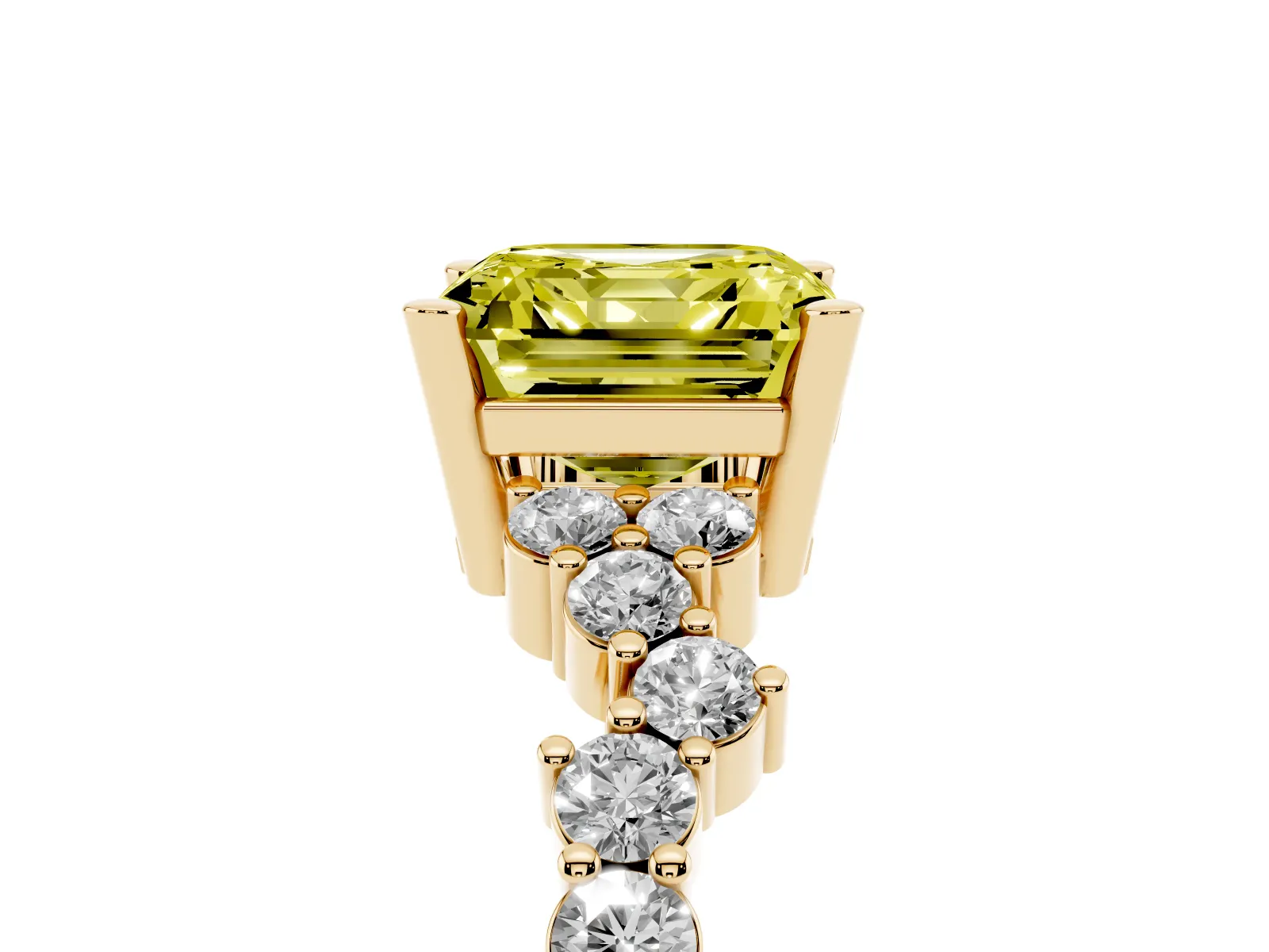 Fancy Yellow Asscher Cut Diamond Scattered Round Accent Ring with Prong Setting Yellow gold