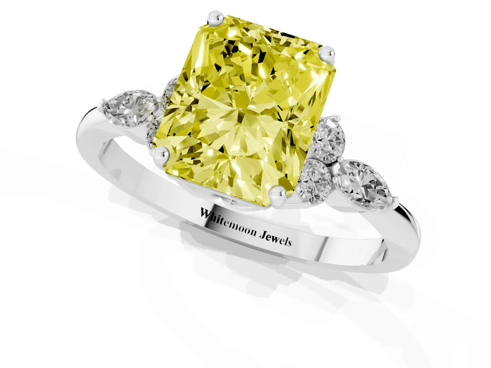 Fancy Yellow Radiant Cut Brilliant Diamond Solitaire Ring with Pear Side Stones and Four-Prong Setting White gold