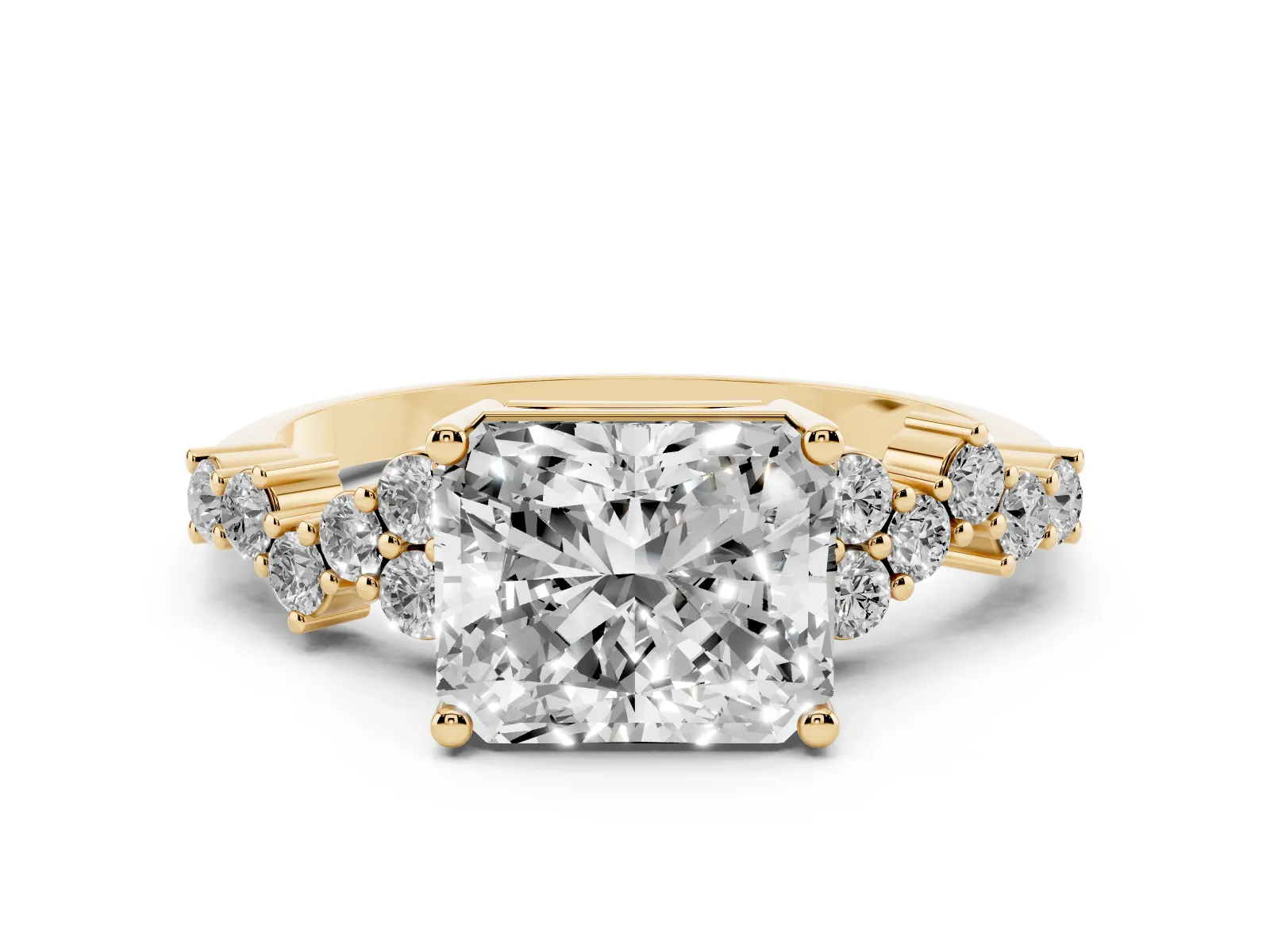 Radiant Cut Diamond Scattered Round Accent Ring with Prong Setting Yellow gold